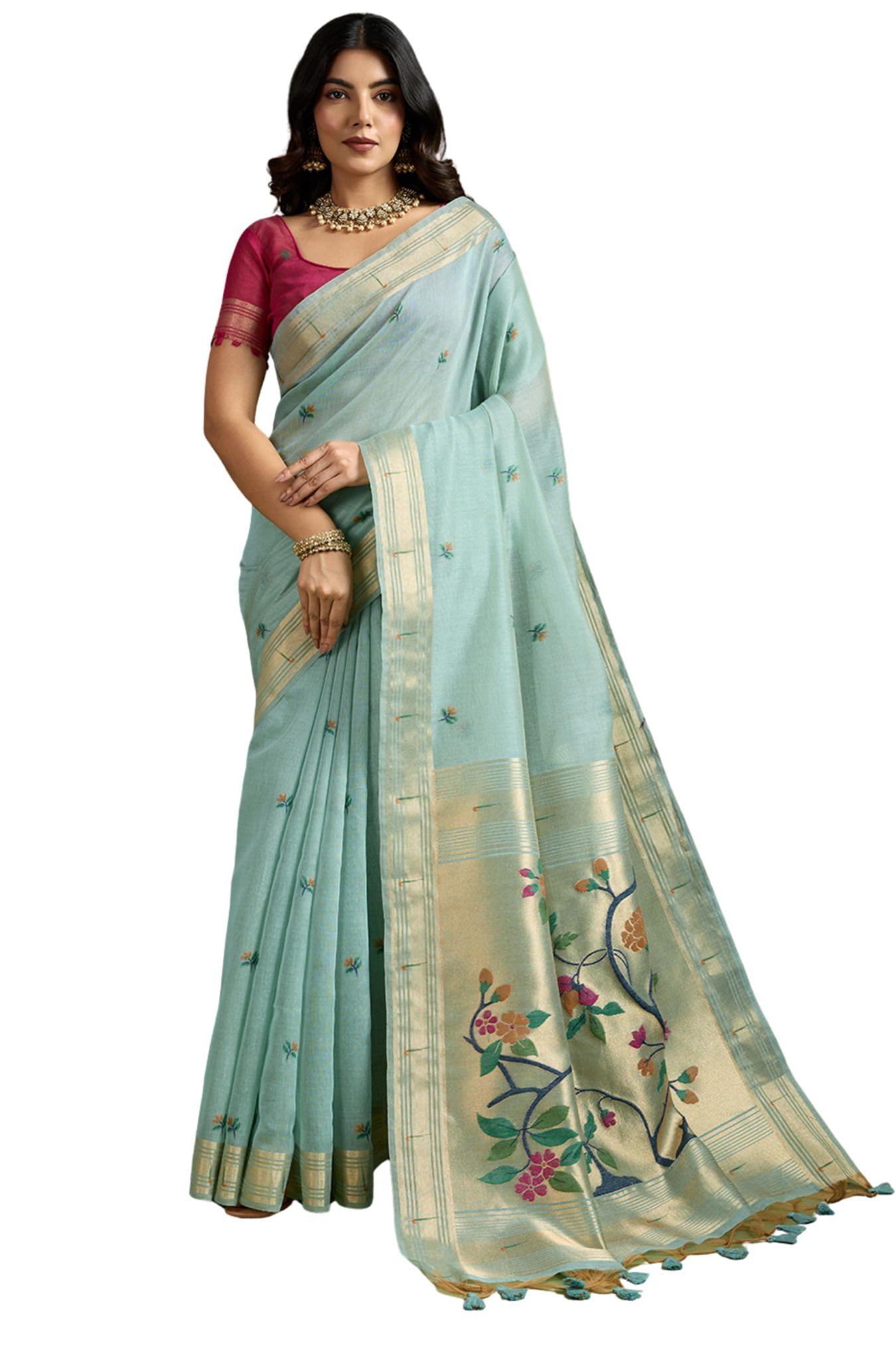 SGF11 Women's Kanjivaram Pure Cotton Linen Soft Silk Saree With Unstitched Blouse Piece
