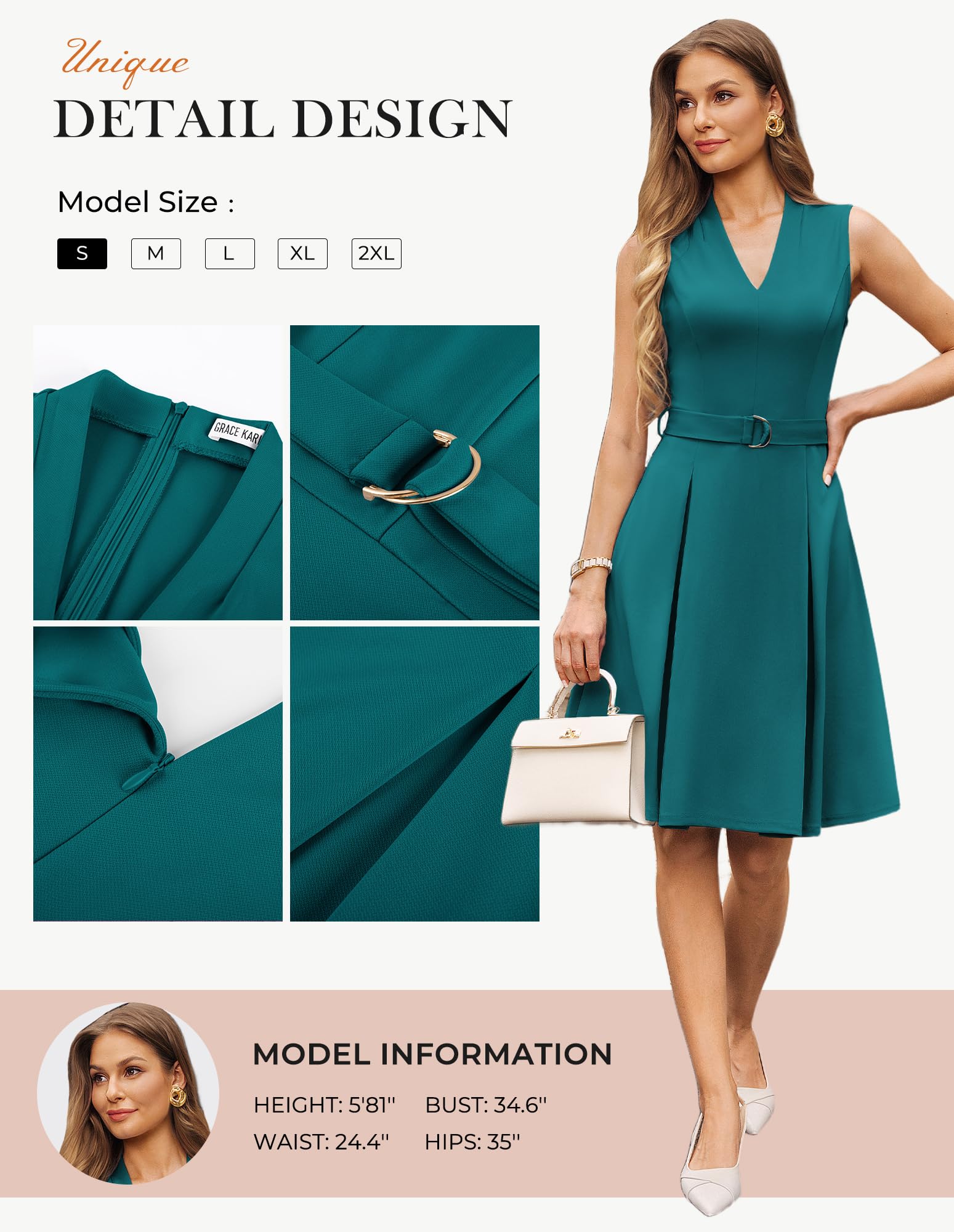 GRACE KARIN Vestido elegante sin mangas para mujer, cuello en V, con cinturón, largo hasta la rodilla
