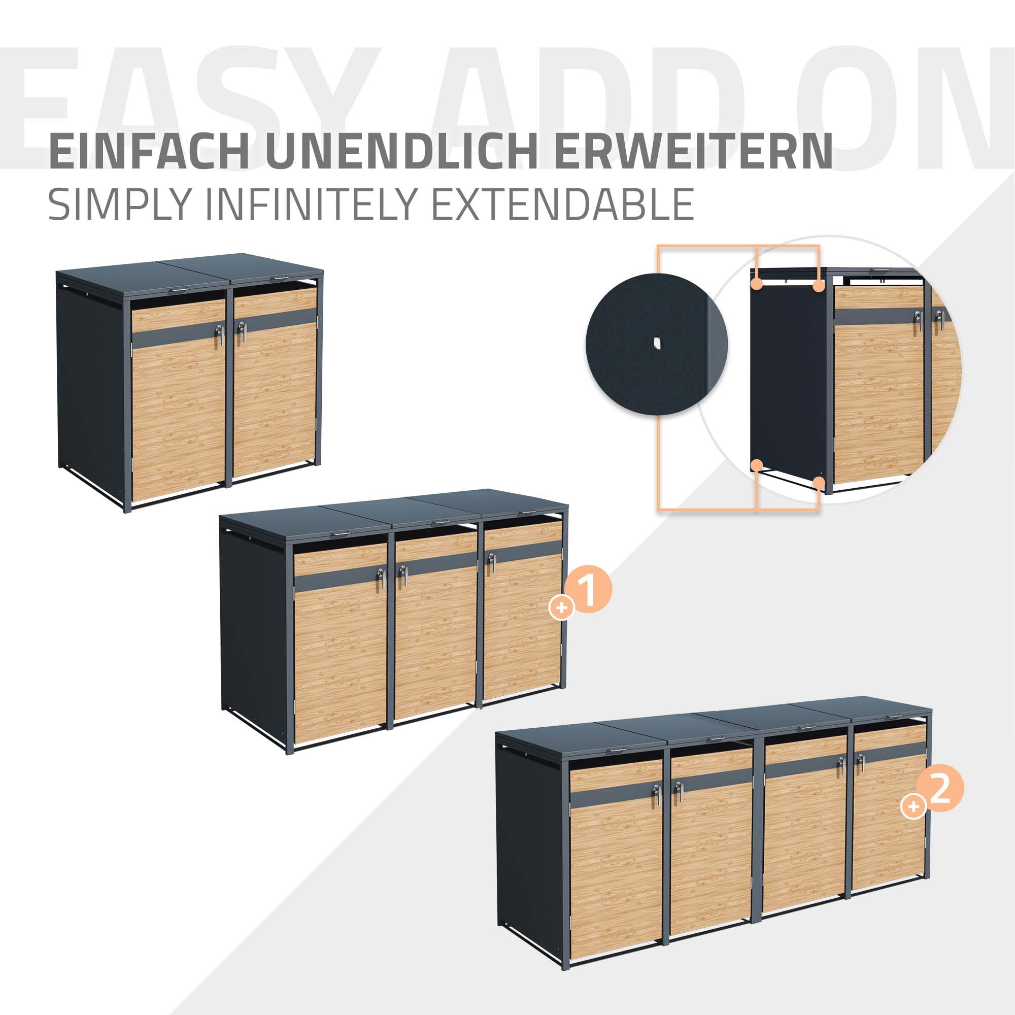 ML-Design Box pour 2 Poubelles, jusqu'à 240L,132x80x116,3 cm, en Acier, Anthracite/Aspect Mélèze, Résistant aux Intempéries, Habillage de Poubelle, Couvercle Rabattable/2 Portes, Conteneur Abri Hangar