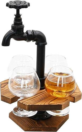 Miniatura 3 de Owlgift Tubo industrial y madera quemada CervezaWhisky Vuelo Set con 4 vasos, grifo de hierro fundido diseño de espita