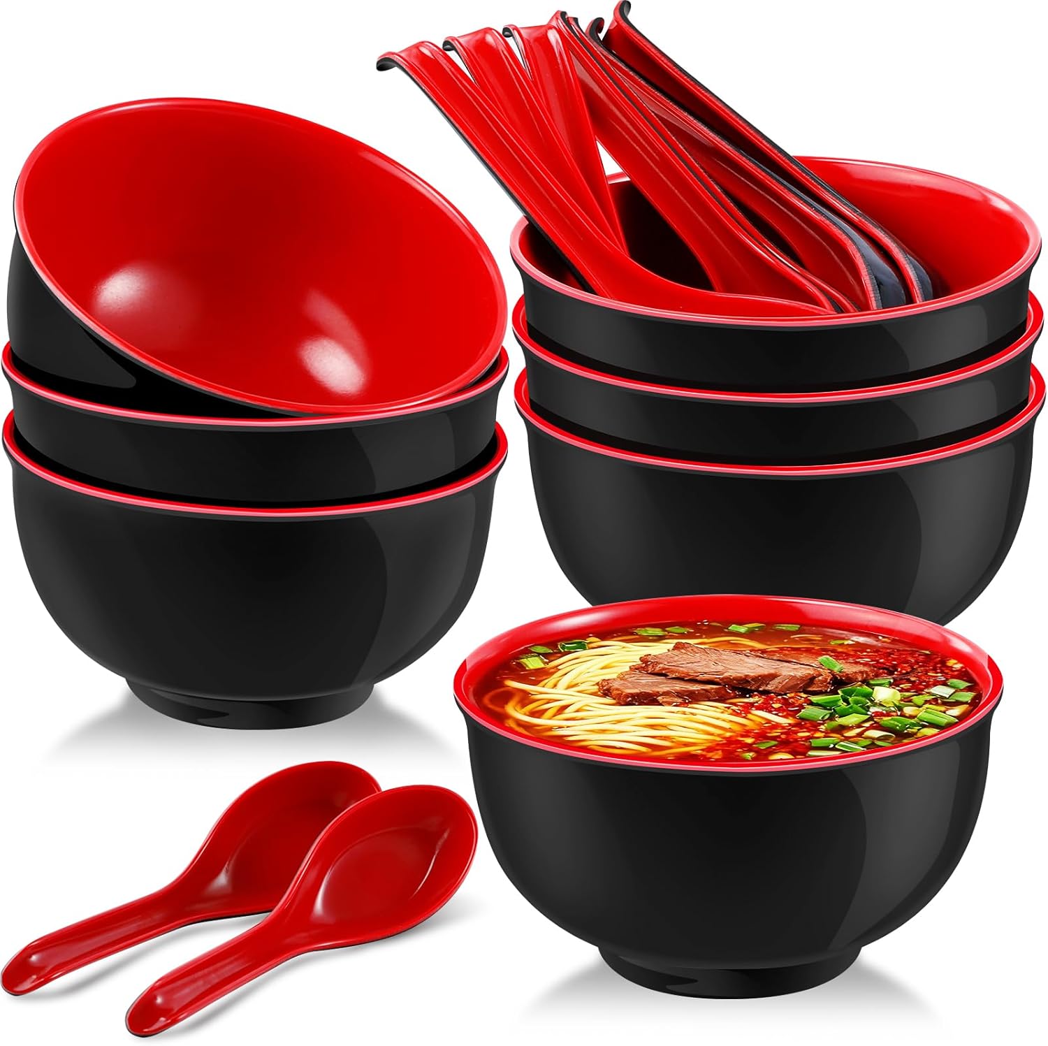 Set of 10 Miso Soup Bowl with Spoon, Restaurant Melamine Cereal Rice Bowl, Unbreakable Melamine Noodle Soup Bowls, Miso Soup Cereal Bowls for Ramen(16oz)