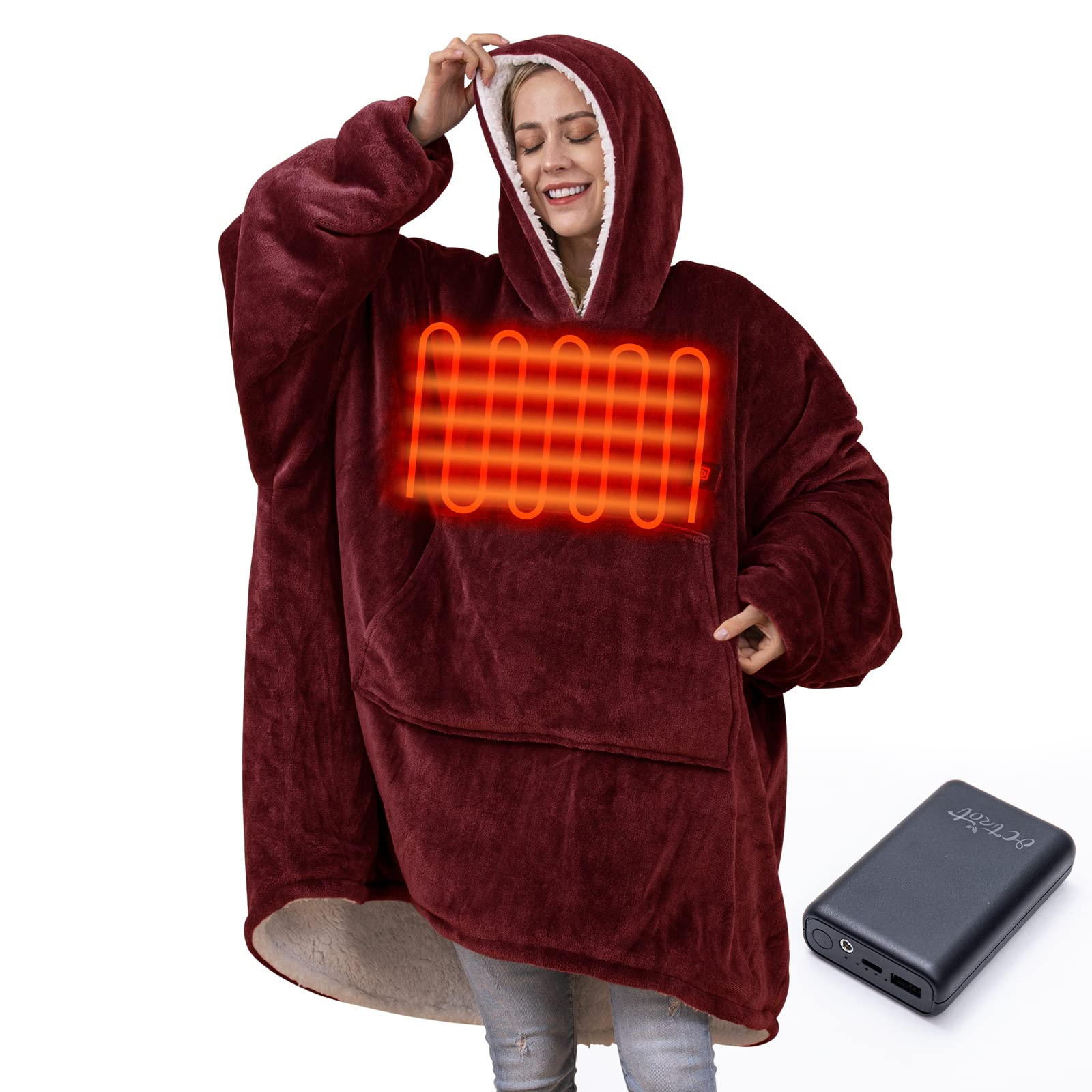Amazon.com: OCTROT Heated Wearable Blanket Hoodie for Adult with Battery  Pack 7.4V 10000mah, Oversized Blanket Hoodie Sherpa Hooded Blanket  Sweatshirt for Women Men, Cozy Warm Soft Washable Blanket, Wine Red¡ :