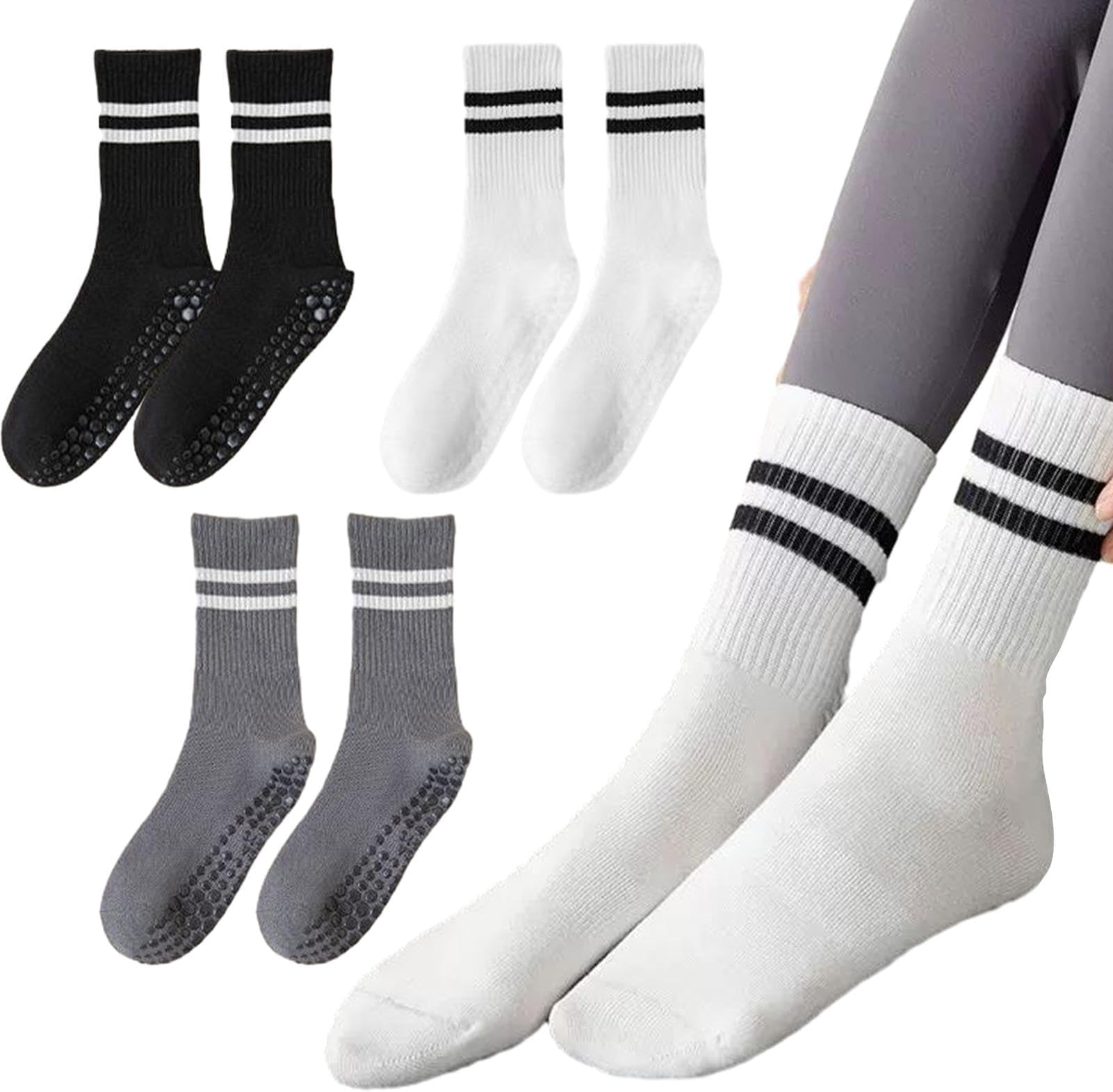 Hahhhha 3pairs Non-Slip Yoga Socks with Grips, Breathable Pilates Socks for Women Grippy Socks Ladies Yoga Socks Cotton Sports Socks for Ballet Barre Dance Workout