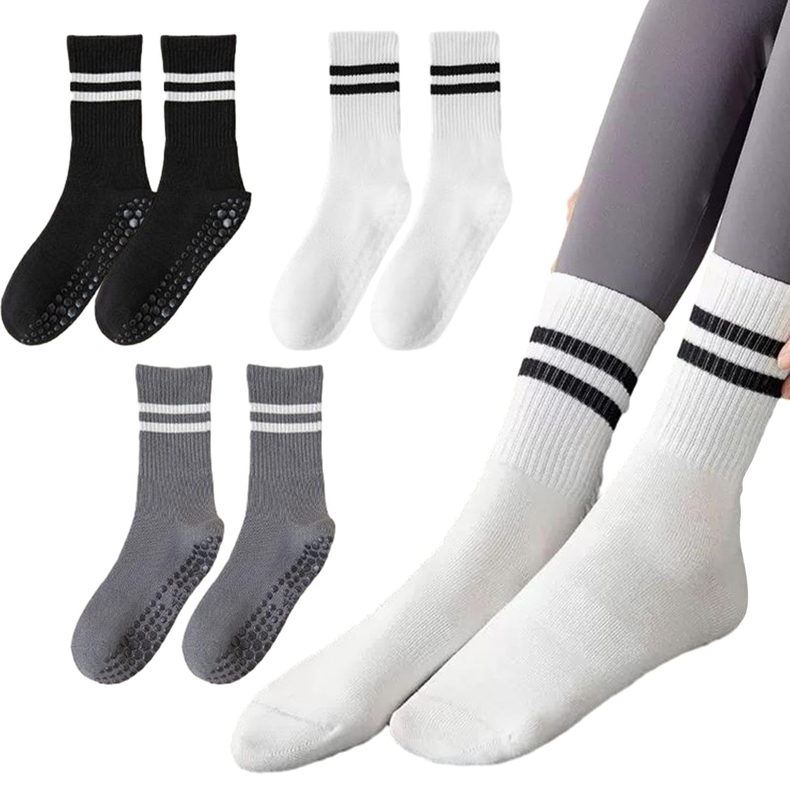 Hahhhha 3pairs Non-Slip Yoga Socks with Grips, Breathable Pilates Socks for Women Grippy Socks Ladies Yoga Socks Cotton Sports Socks for Ballet Barre Dance Workout