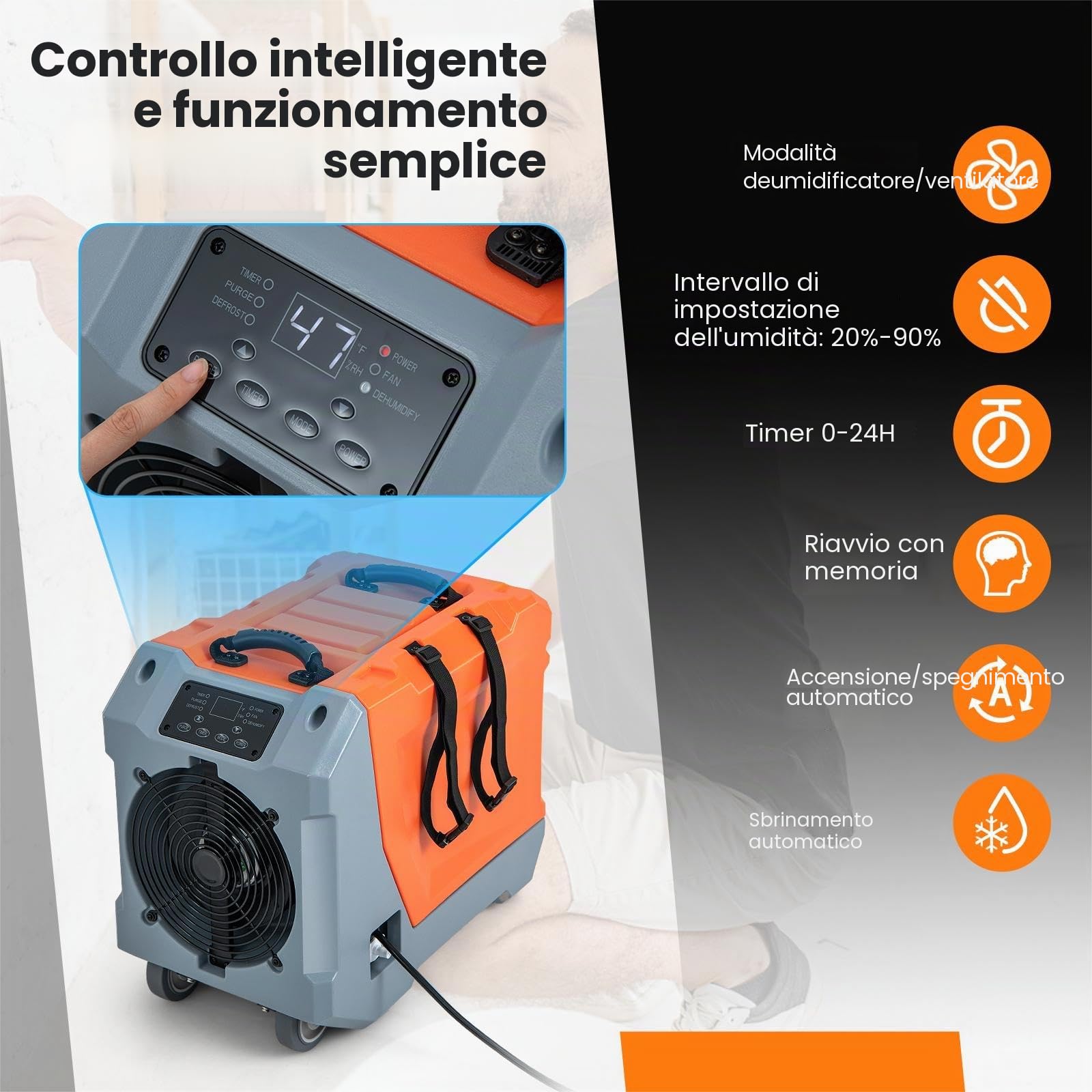 SOARS Deumidificatore Elettrico 85L/Giorno, Deumidificatore Industriale Professionale con Pompa di Scarico Automatica, Tubo di Scarico, Timer 24 Ore, per Cantine, Fabbriche, Magazzini (Arancione)