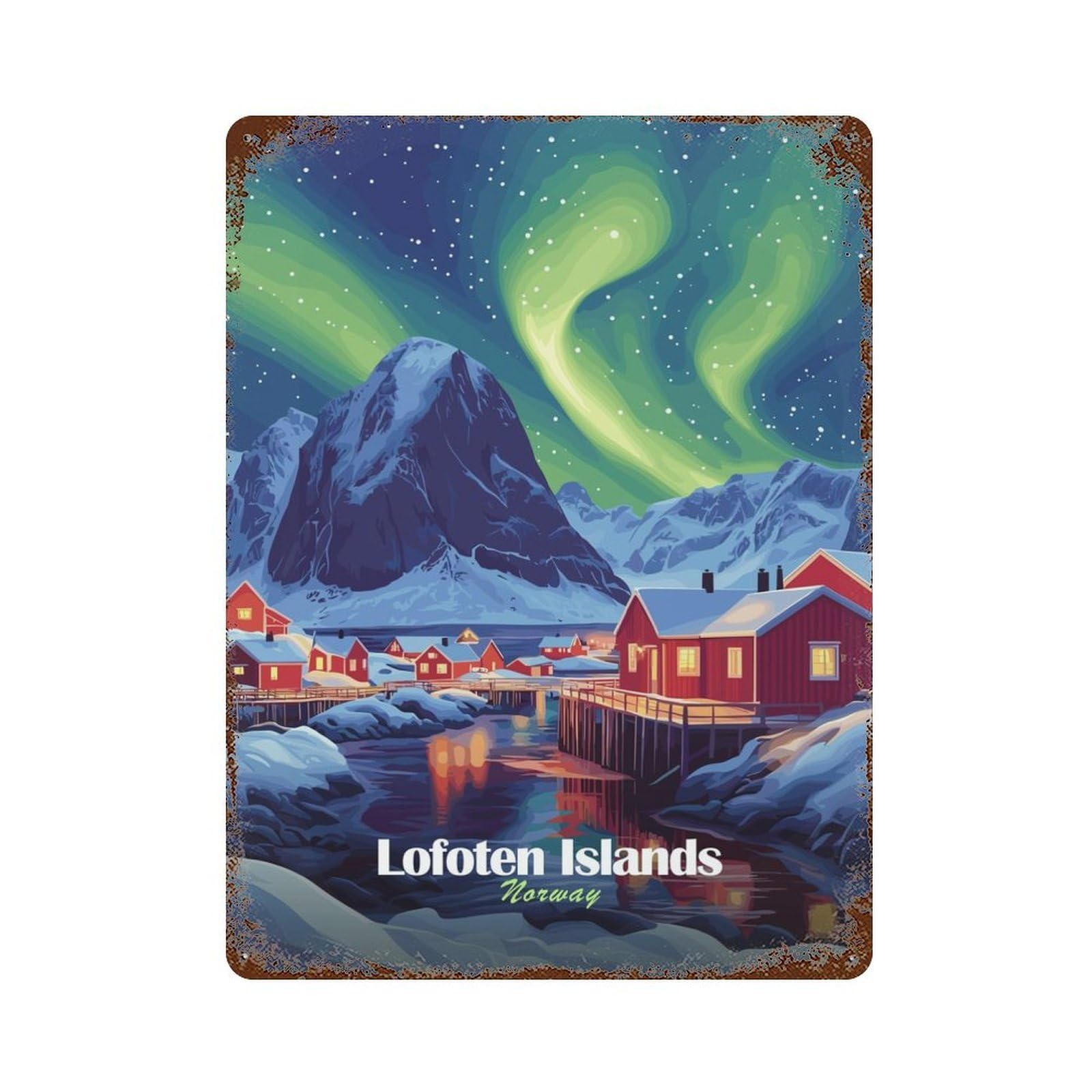Garage Style Lofoten Islands Aurora Borealis Aged Metal Wall Plaque 15.7"x11.8", Farmhouse Wall Decor for Bar And Workshop