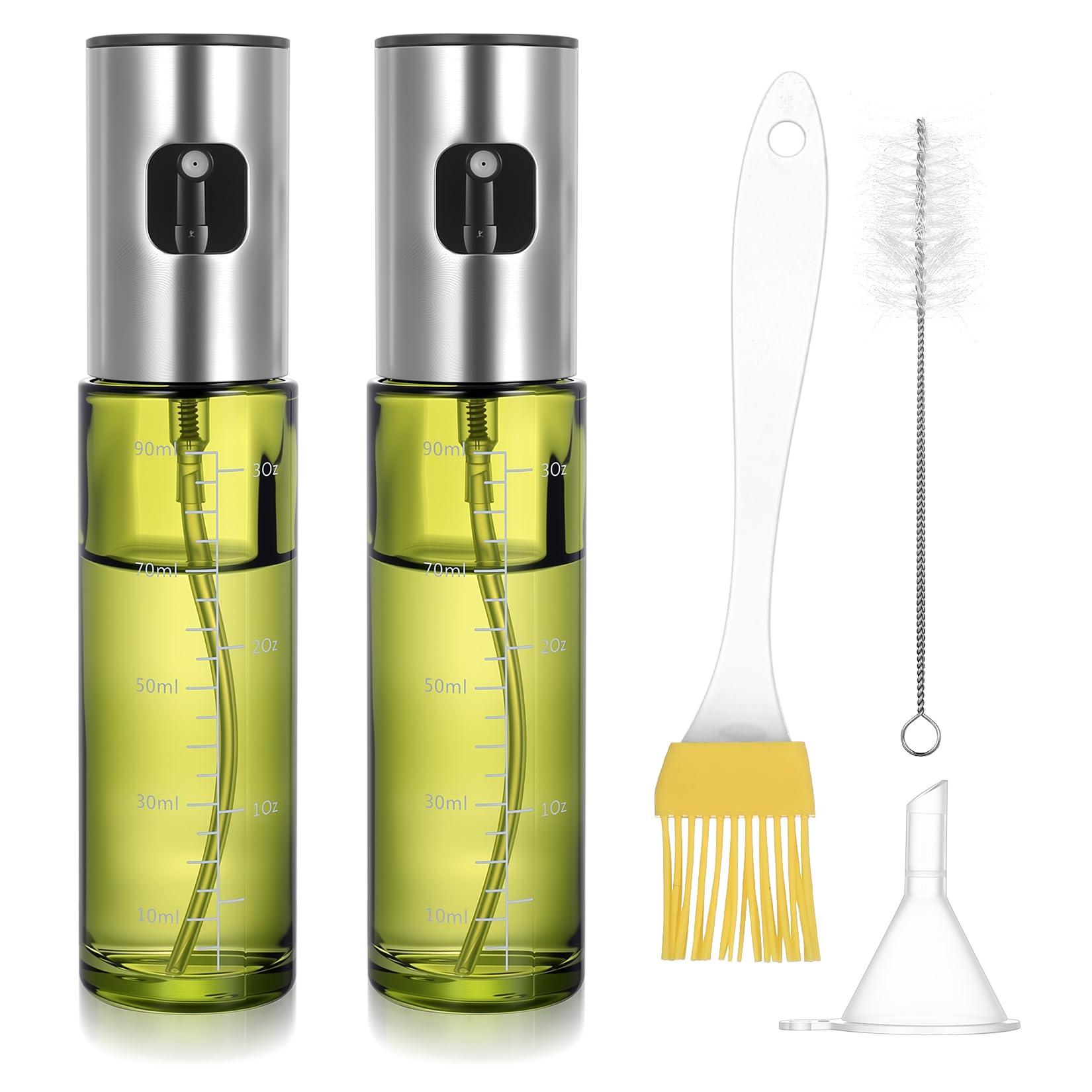2 Pcs 100ml Pulverizador Aceite Spray, Dispensador Aceite Spray en Cristal, Botellas de Vidrio Dosificador Aceites Cocina Freidora Aire para Cocinar BBQ, con Embudos y Cepillos