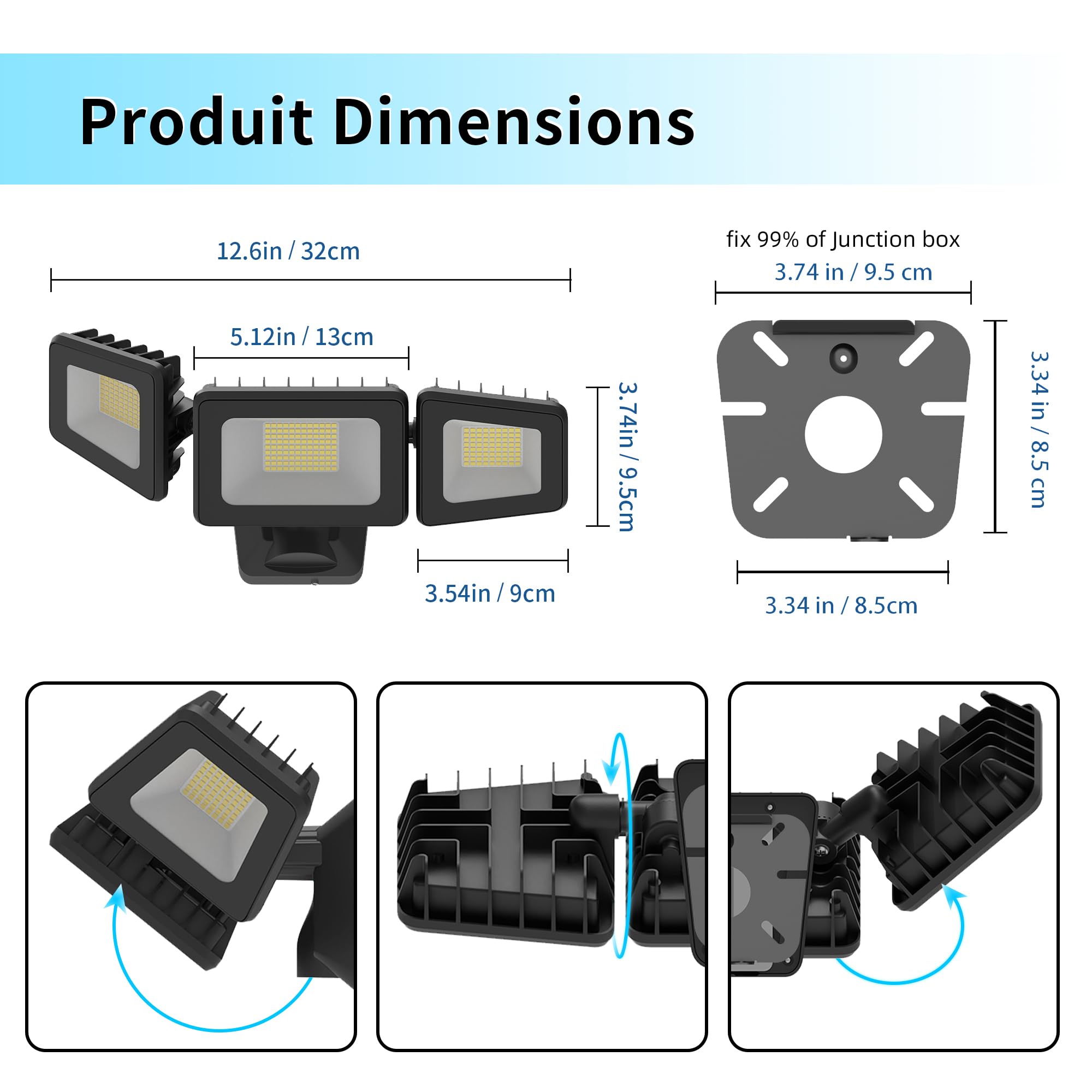 Projecteur LED d'extérieur 120 W 12000 lm Lumière de sécurité LED haute luminosité 4500 K Lumière blanche chaude avec IP66 étanche IP66 pour cour, jardin, aire de jeux
