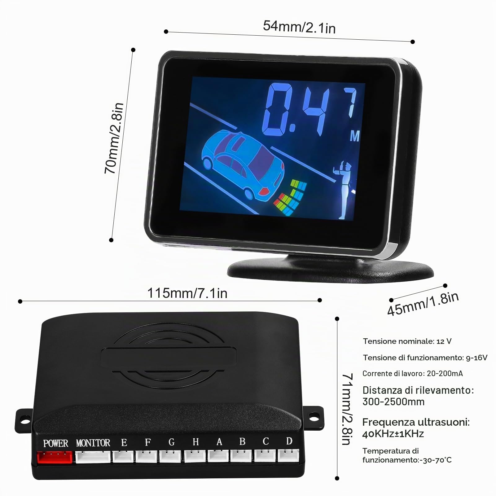 Sistemas del Sensore di Parcheggio per Auto con 8 Sensori - Inversione Anteriore e Posteriore con Avvertimento Sonoro, Display a Distanza LCD Regolabile e modalità di (BLACK)