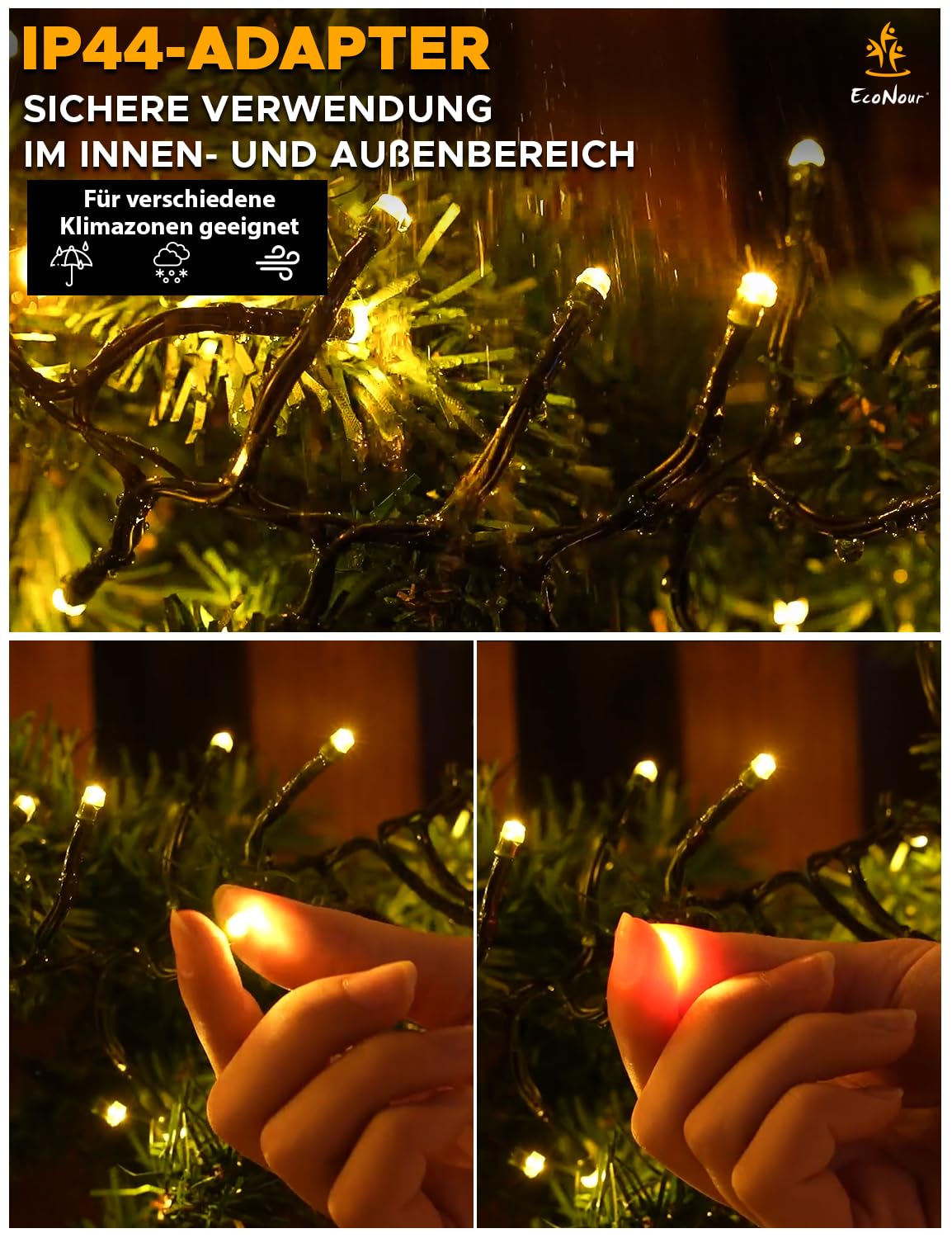 EcoNour Cluster-Lichterkette mit 2000 LEDs – 6 Stunden Leuchtdauer, 8 Lichtmodi, Netzanschluss, wasserdicht, für den Innen- und Außenbereich – 2000 LEDs / 25 m Leuchtlänge, Warmweiß