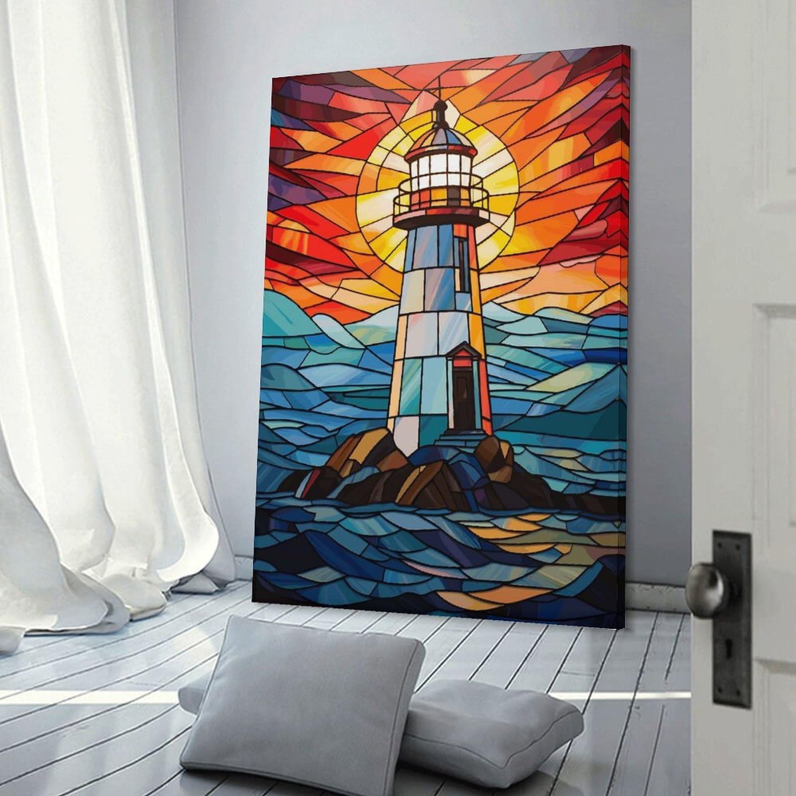 Junmoney Frame-Style-8-1 Lighthouse Stained Glass Decorative Wall Artwork 20X30inch(50X75cm), For Front Hall, Corridor Or Welcome Spaces, Decorative Wall Art For Narrow Spaces
