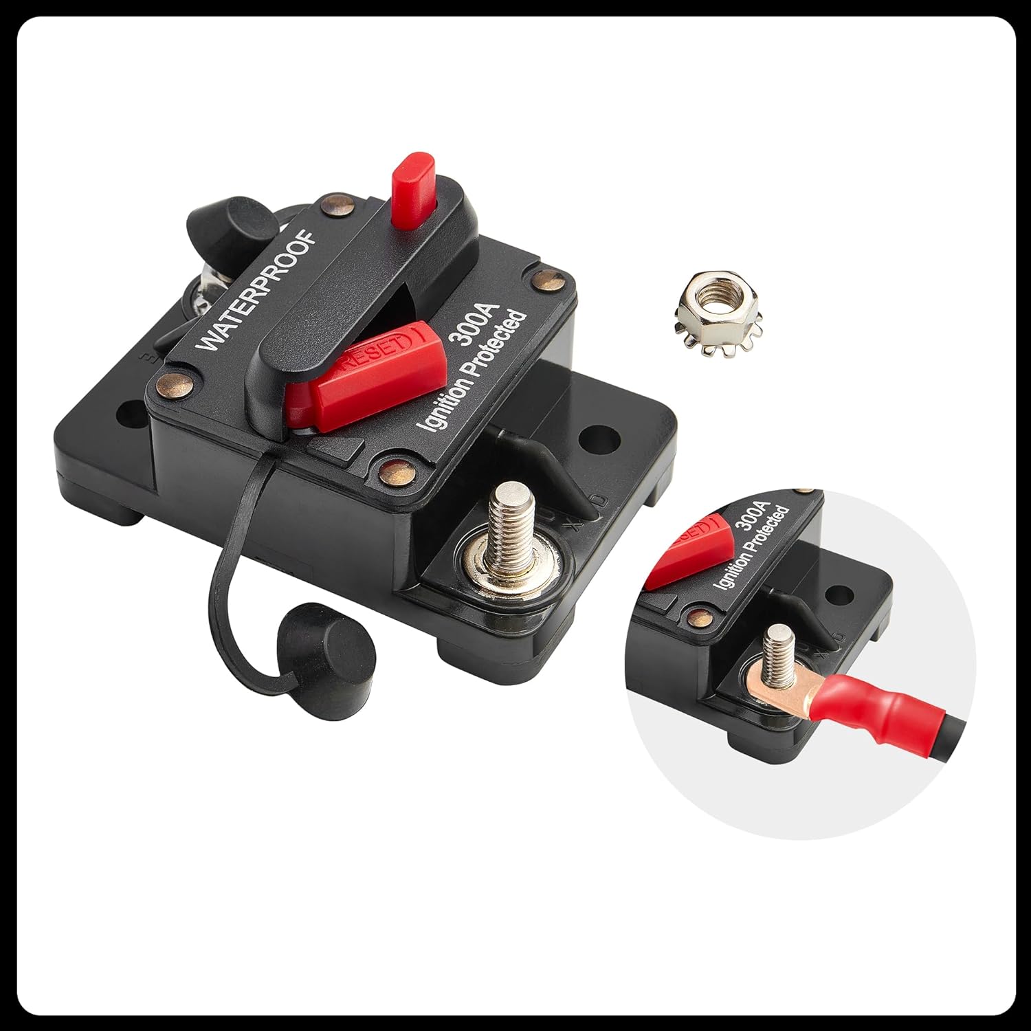 RED WOLF 300A Circuit Breaker Manual Reset Switch 1 AWG - 3/8" Battery Cable End Copper Ring Terminal Connector Lug w/3:1 Ratio Heat Shrink Tube for Boat Trolling Stereo Battery Solar System Inline