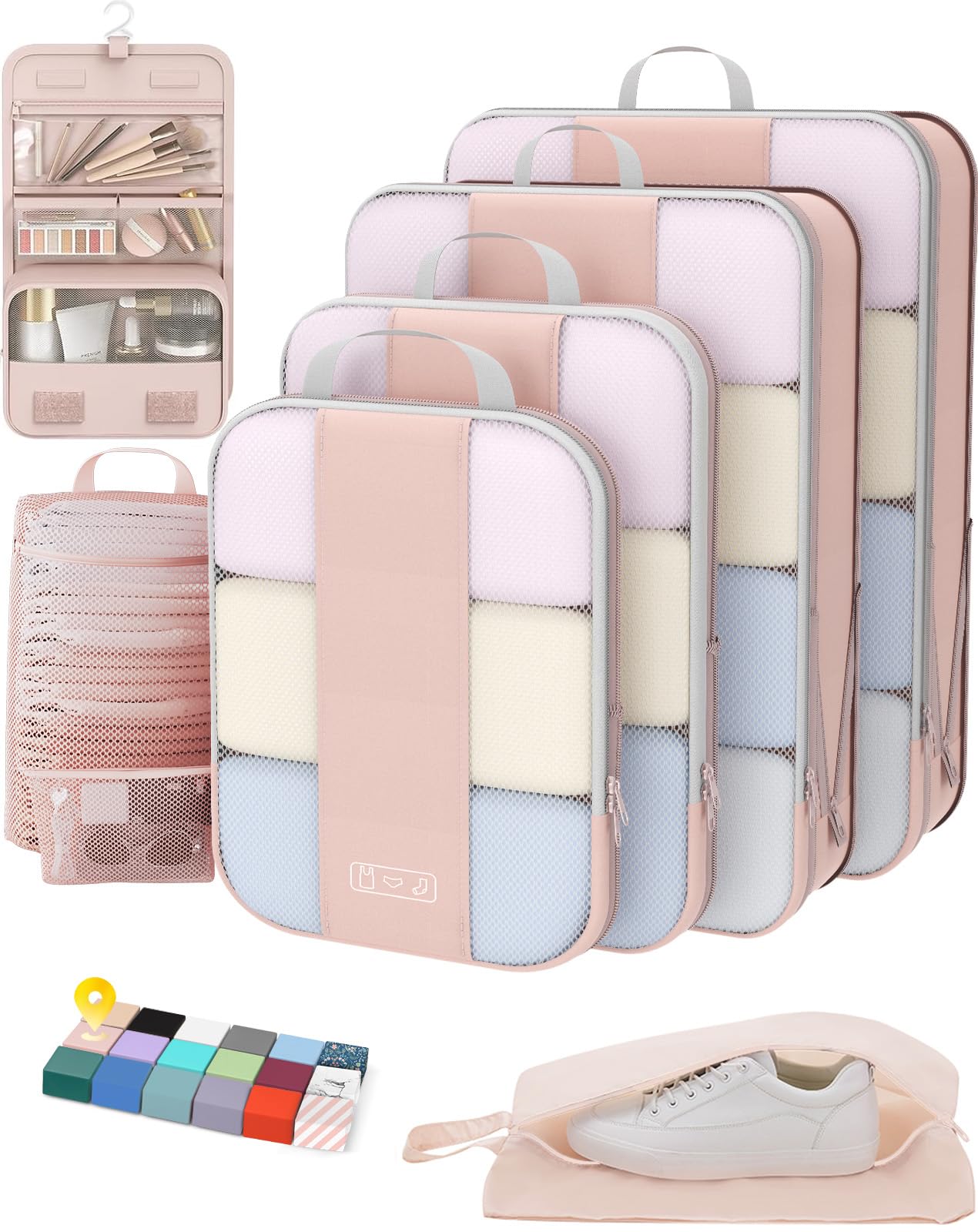 OlarHike 8 Set Compression Packing Cubes for Travel Gifts Mom Women,Airplane/Car/Cruise Travel Essentials,Compressible Expandable Space Saver Bags,Garment Bags with Over 1000 pcs Mesh Holes(Beige)