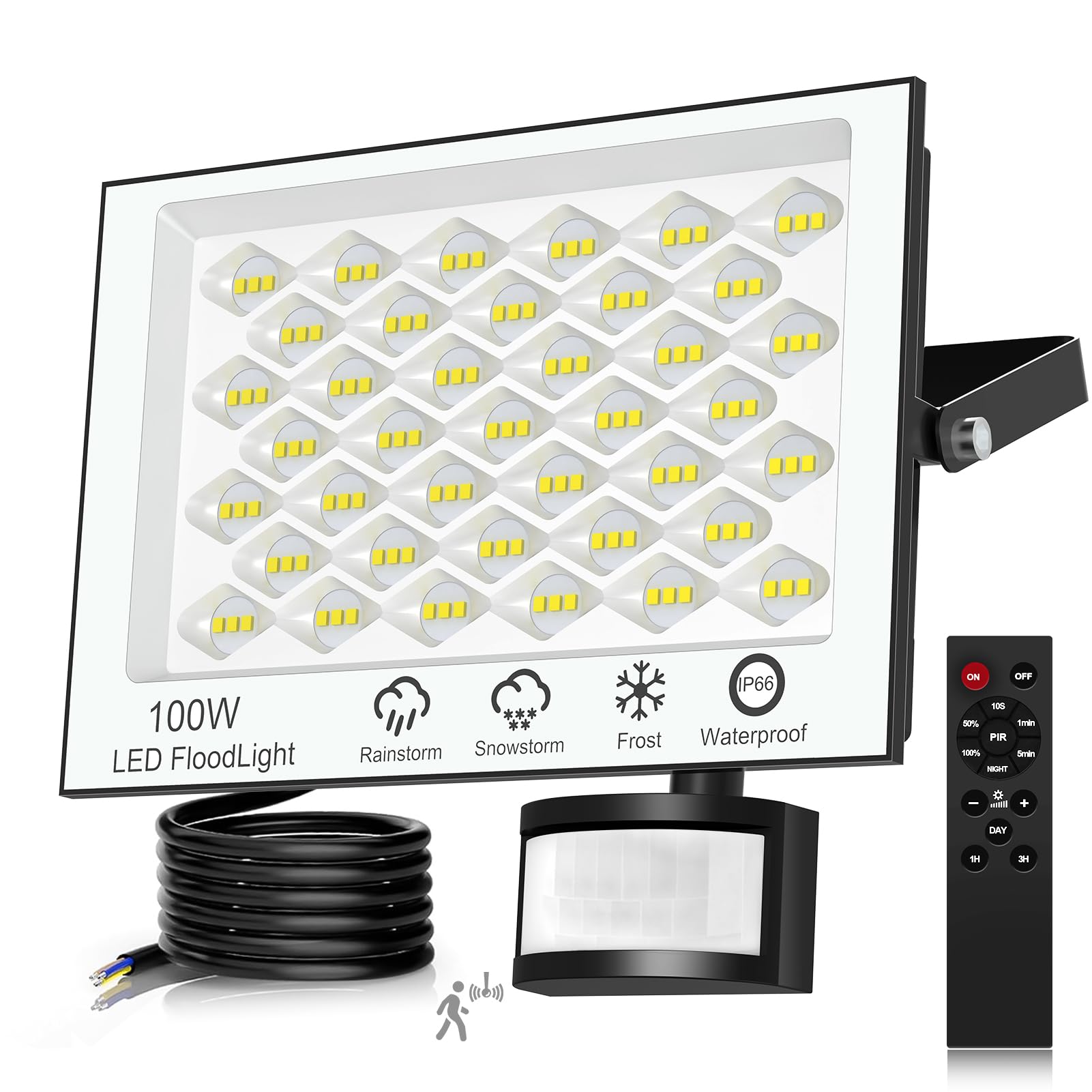 Projecteur LED Extérieur 100W avec Détecteur de Mouvement et Télécommande Dimmable IP66