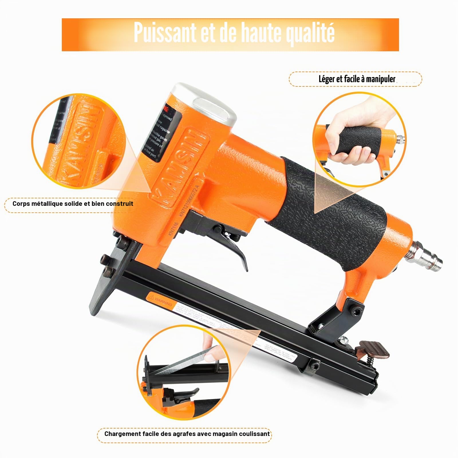 KAMSIN KN7116 Agrafeuse pneumatique pour meubles, calibre 22 Type 71, couronne de 9,0 mm, agrafeuse pneumatique pour meubles, tissus, bricolage