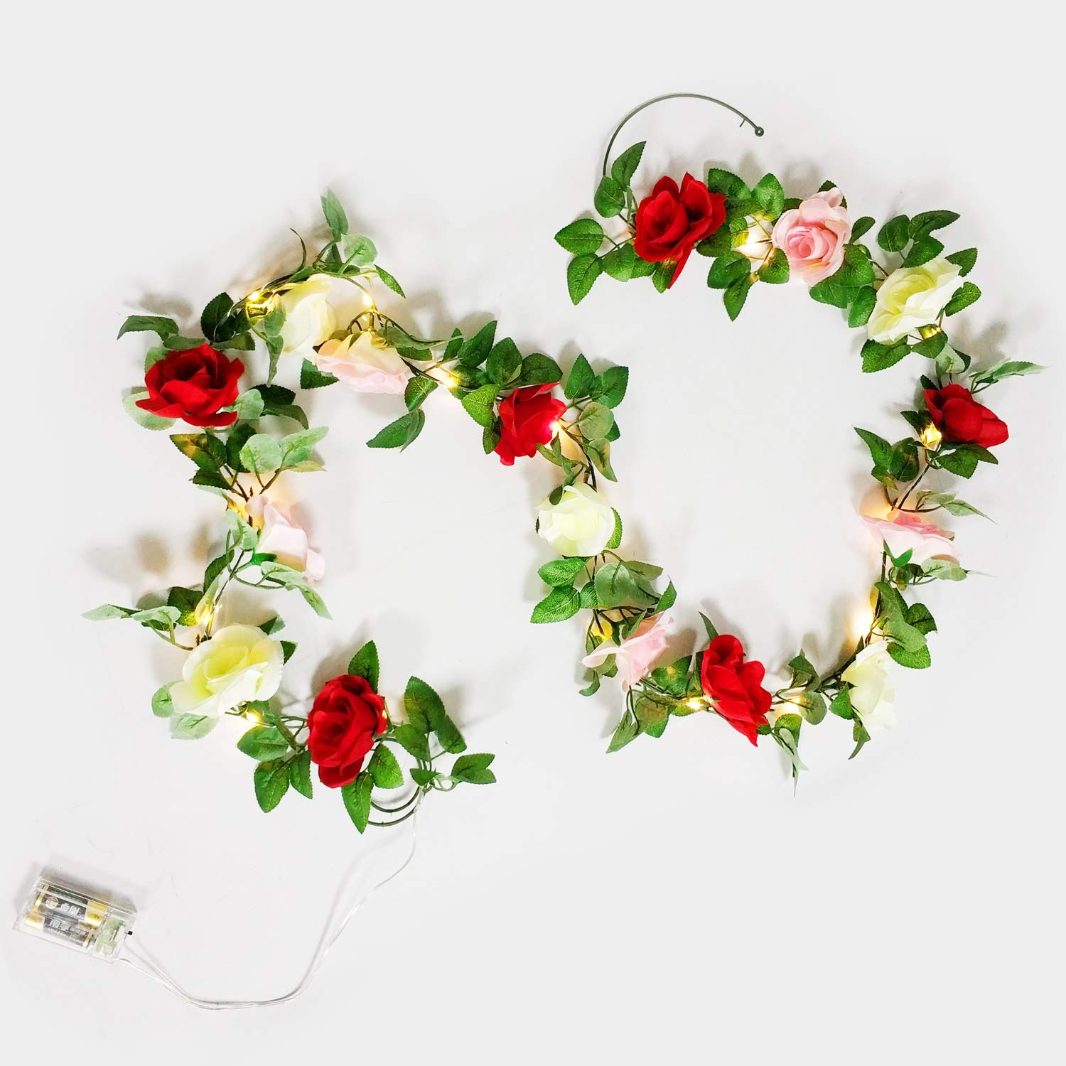 FANStek Rose Garland 20 LED Flowers Silvery String Lights with Timer - Perfect Home Decoration (Pink)