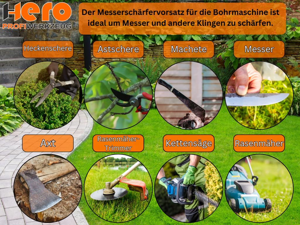HERO Schleifstein Messerschärfer Set Rasenmäherschärfer 3-tlg für Bohrmaschinen Schärfer für Rasenmäher Bohrmessern, Mähern, Sichelmessern, Rotofräsen, Messer Gartenwerkzeuge