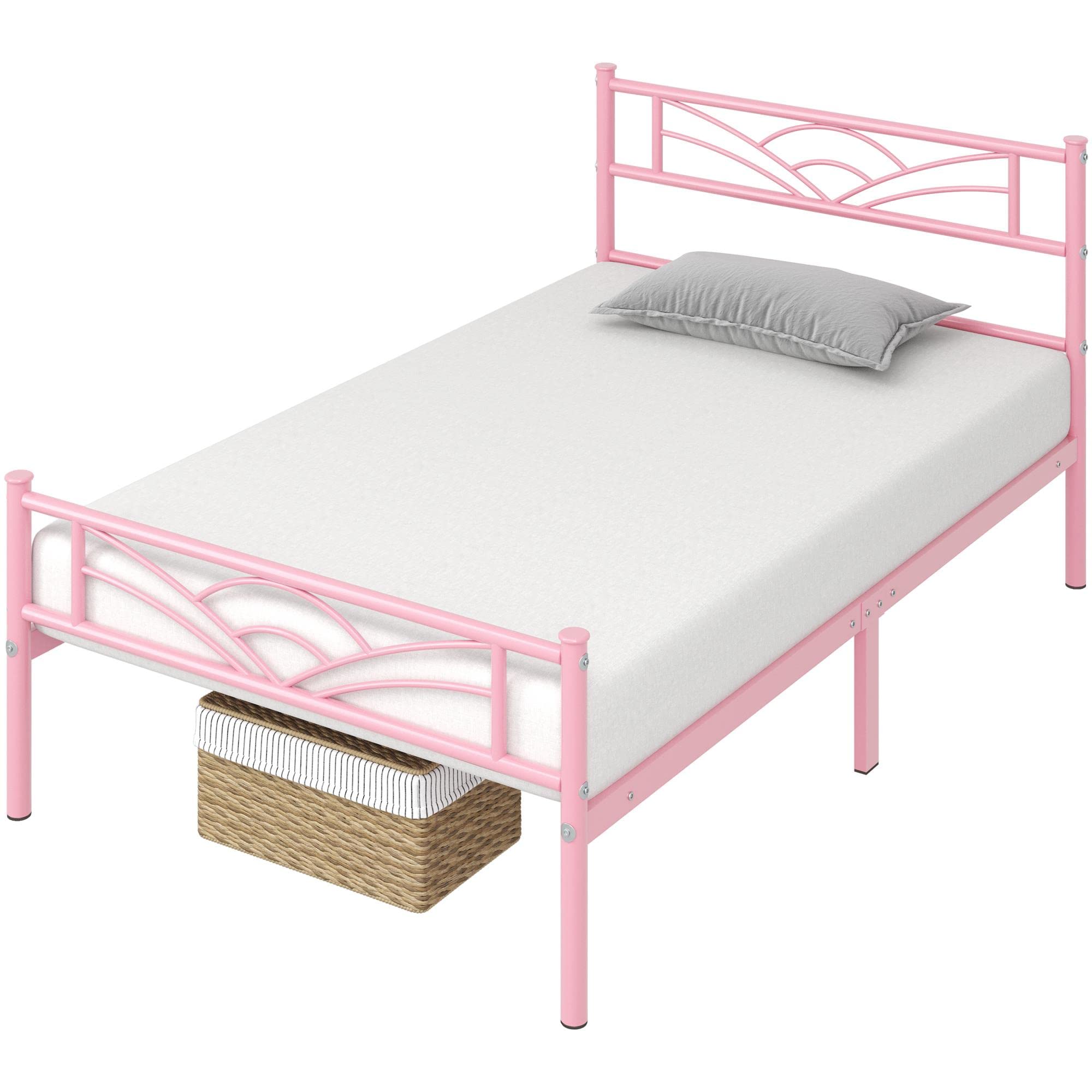 Yaheetech Bettrahmen Metallbett Gästebett Bettgestell aus Metall, Modern Jugendbett mit Lattenrost, für Schlafzimmer Gästezimmer 90 x 190 cm/Hellrosa