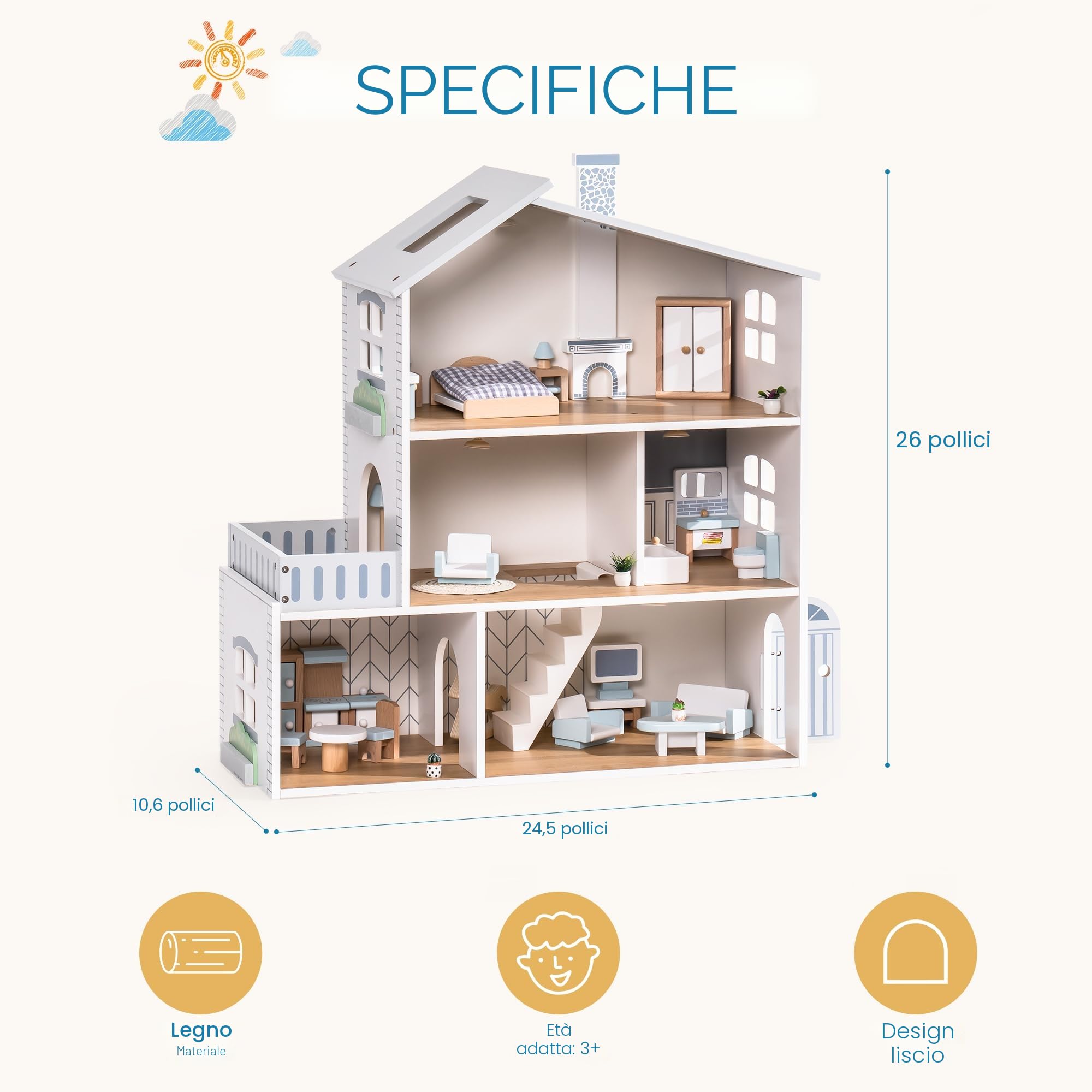 ROBUD Casa delle bambole in legno luci,3 piani, inclusi mobili e scale, giocattoli per bambini dai 3 anni in su