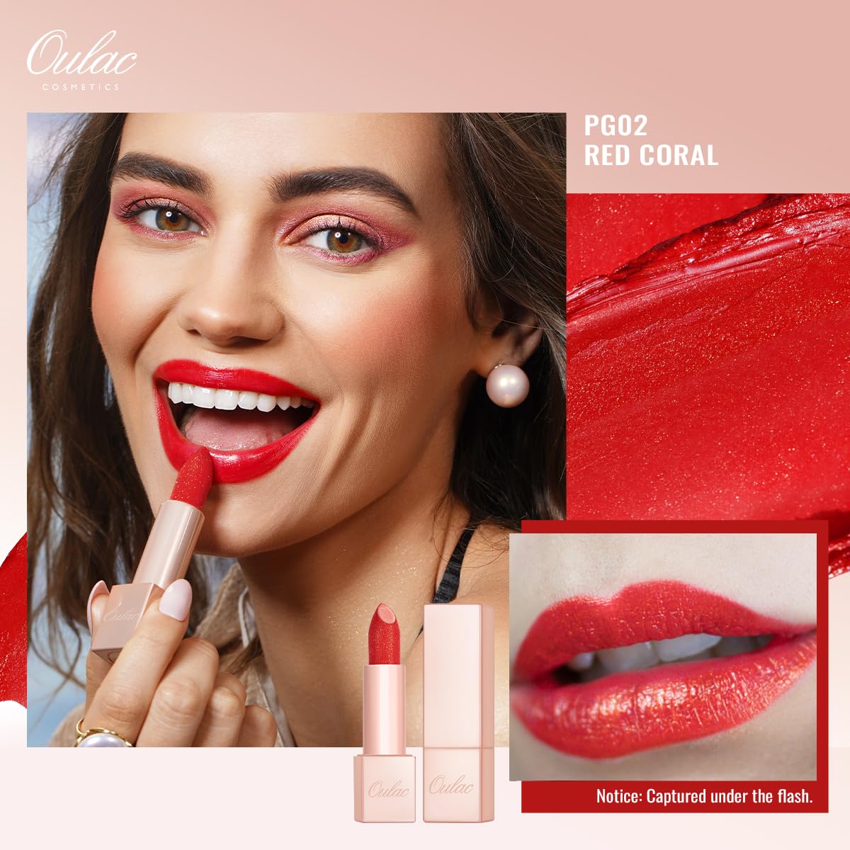 Oulac Pink Glitter Moisturising Lipstick Set, Red Shimmer Lipsticks for Women Hydrating & Smooth, Glitter Diamond Finish - Image 3