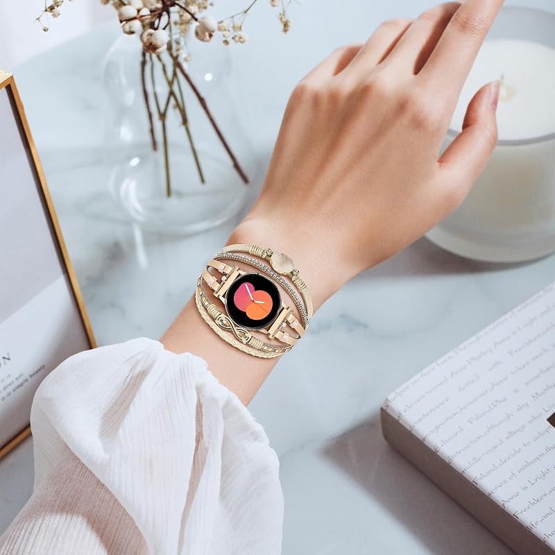 VISOOM Boho Bőr Karkötő Samsung Galaxy Watch 7/6/5/4 Órához - 20mm Többrétegű Gyöngyös Szíj Női Okosórához, Khaki Kör Dizájn