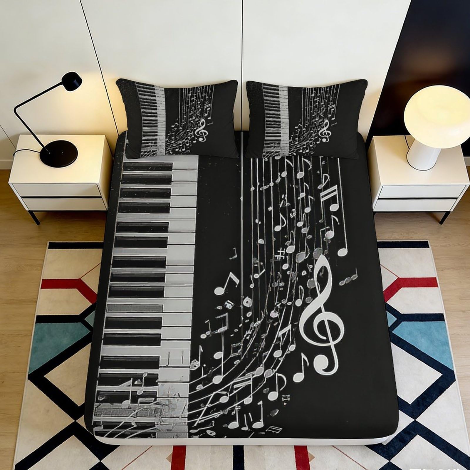 3D Printed Musical Keyboard Fitted Sheet Microfiber Soft Breathable Music Notes Bed Cover for Bedroom Dormitory Guest Room Mattress Protection 160x200x25cm