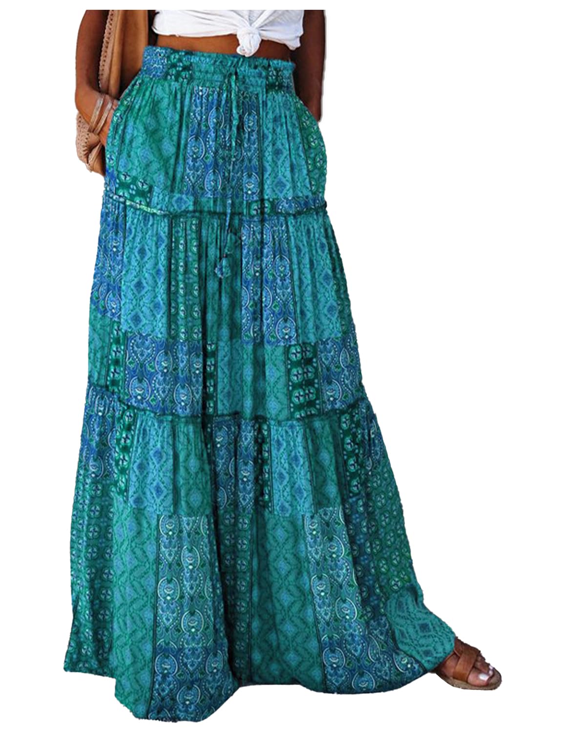 Femme Jupe Maxi Imprimé Robe 2 en 1 Taille Haute Elastique Casual Jupe de Plage Boho Fleurs Été