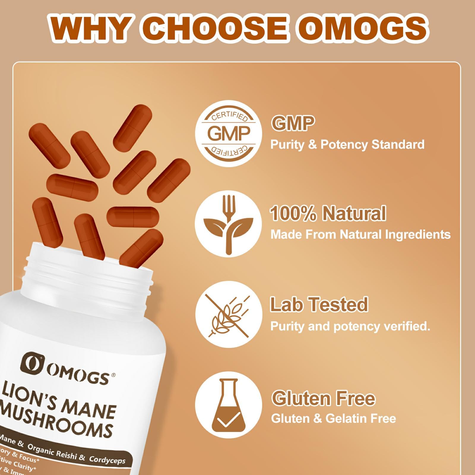 OMOGS Mushroom Complex Supplement Capsules 10:1 Extract, Lions Mane Supplement with Cordyceps, Reishi, for Brain Health, Memory Support, Focus & Immune System — Amazon image 7