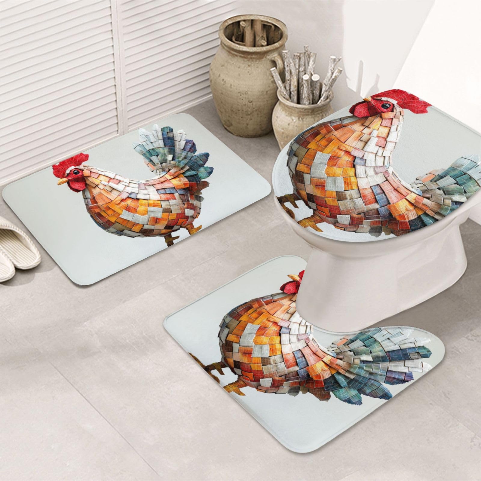 Alfombras de baño con estampado de pollo de microfibra juego de 3 piezas lavable antideslizante