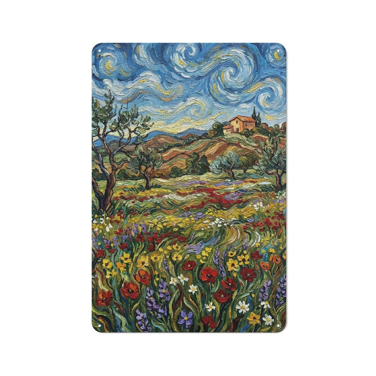 Junmoney Style-15 Tuscany Landscape Painting With Flowers Rustic Printed Metal Sign 30X20cm For Bar Or Restaurant, For Bar Decor Enthusiasts