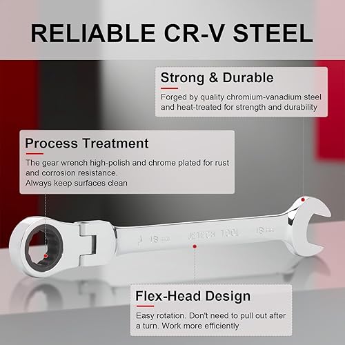 Vista 17 de Jetech Llave de engranaje de cabeza flexible de 0.630 in, llave combinada de trinquete de grado industrial, forjada, acero de aleación Cr-V tratado