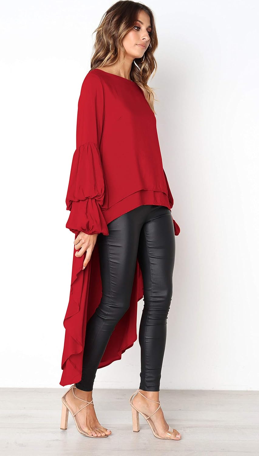 PRETTYGARDEN Women's Lantern Long Sleeve Round Neck High Low Asymmetrical Irregular Hem Casual Tops Blouse Shirt Dress - Image 2