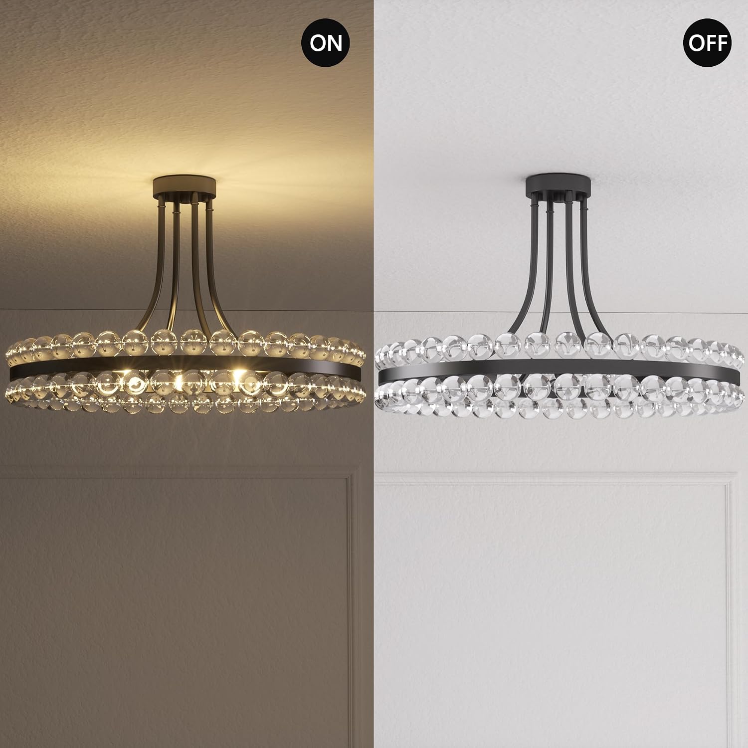 Maxax 24" Black Ceiling Light, 8 Light Modern Flush Mount Light Fixture for Bedroom, Mid Century Semi Chandelier Lamp with 2-Layer Crystal Globe for Dining Room, Living Room, Entryway, E12