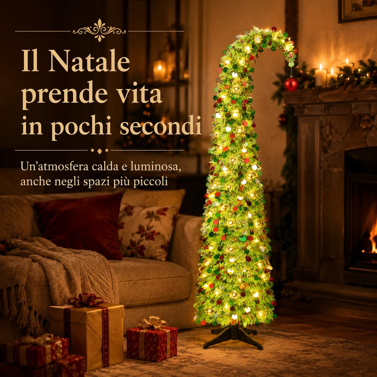 Albero di Natale Pop Up 153 cm con Luci e Paillettes, Salvaspazio
