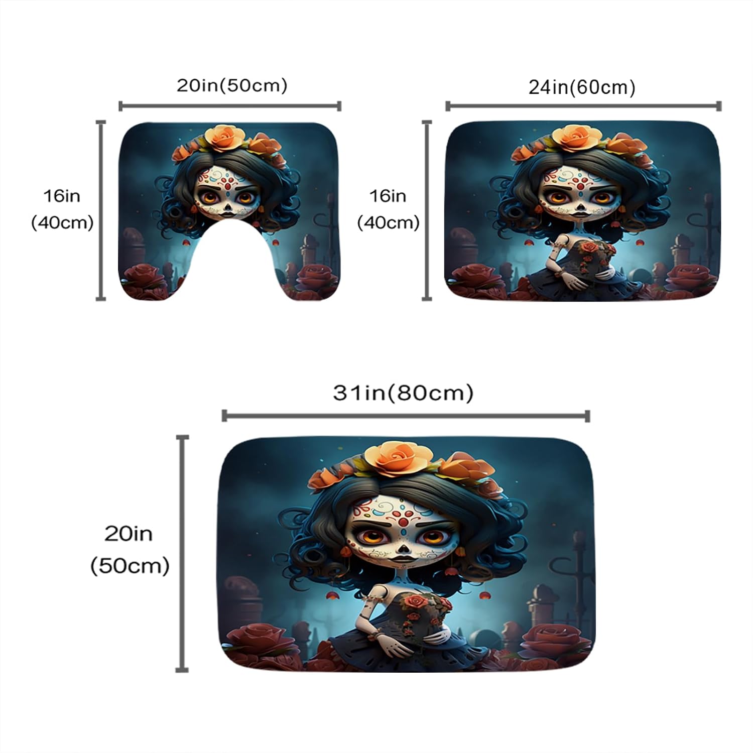 TheBlackSpot Halloween Skull Girl 20 x 31 Pretty Rose Flower 16 x 24 Sets 3 Piece Imitation Cashmere Anti Slip Absorbent Mats U-Shaped Contour Shower Mat