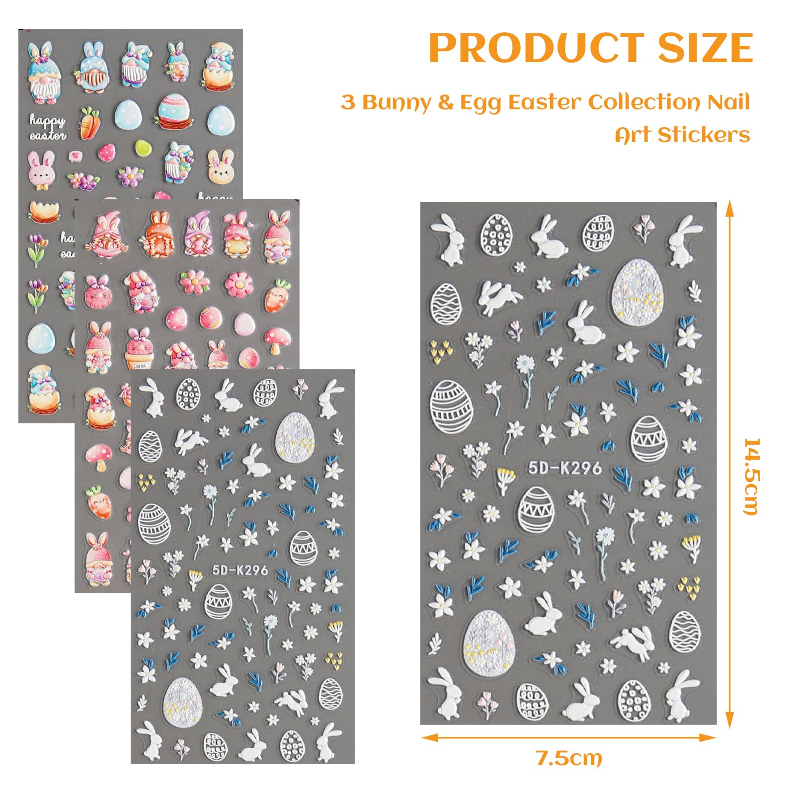 Kabwea 3 Pieces 5D Embossed Easter Nail Art Stickers, Nail Stickers Easter, Nail Stickers, Nail Art, Multi-colored, XL - Image 2