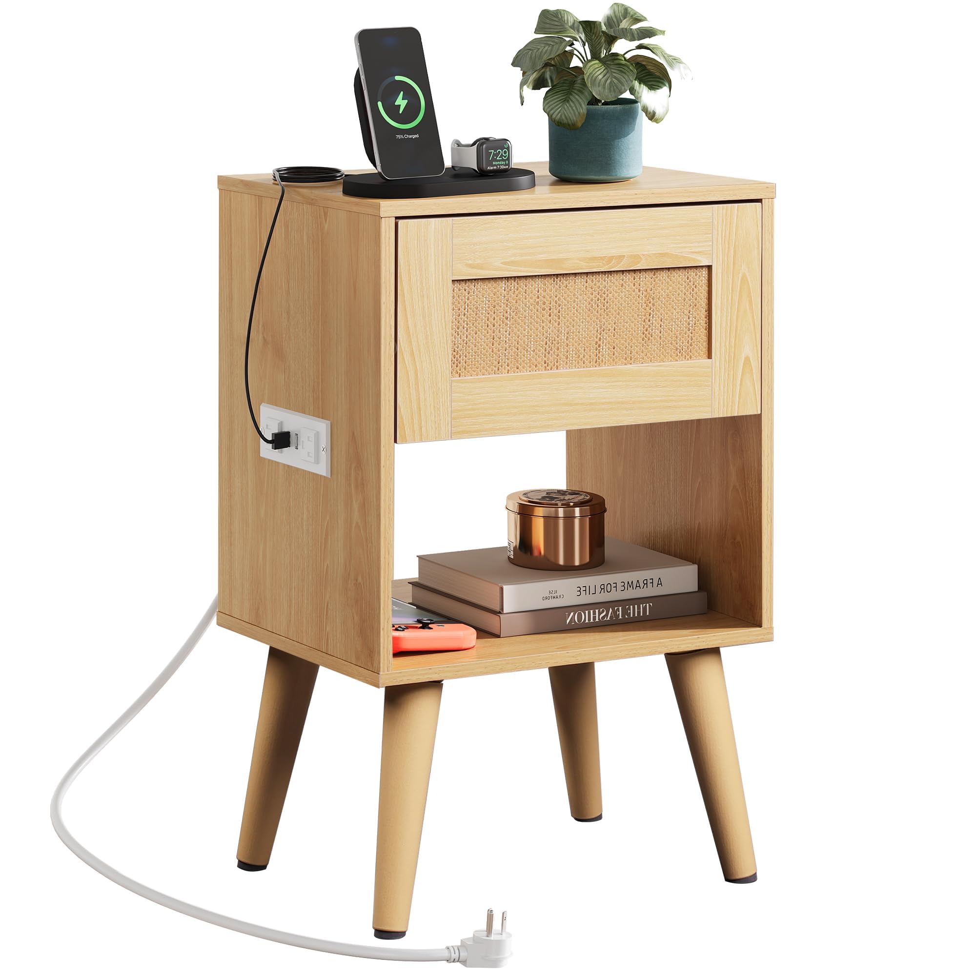 Amazon.com: WLIVE Rattan Nightstand with Charging Station, Boho Night ...