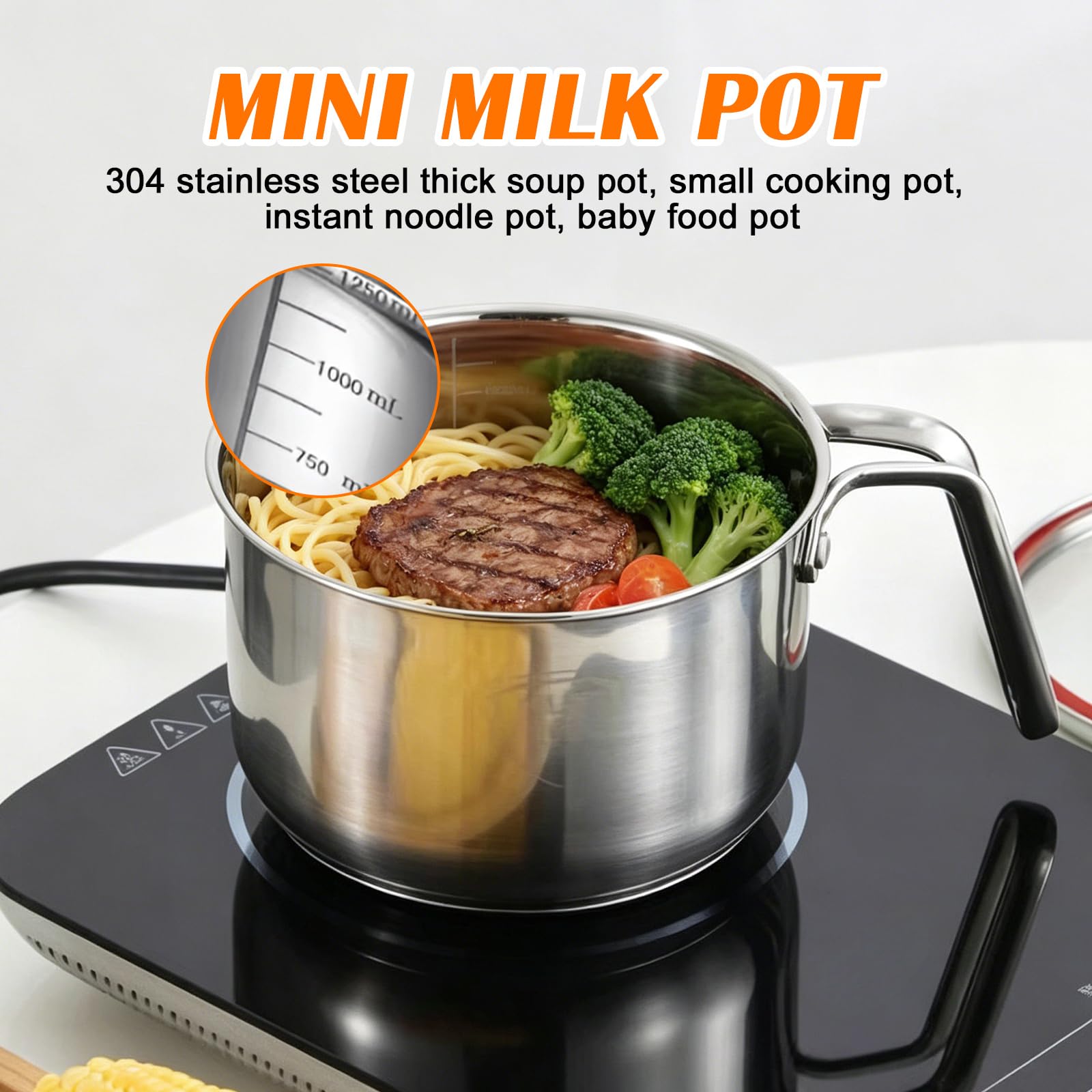 Pentola per latte a induzione in acciaio inox: mini pentola per latte da 2,4 l, 18 cm, preparazione per latte e porridge (acciaio 304/profondità 11 cm)