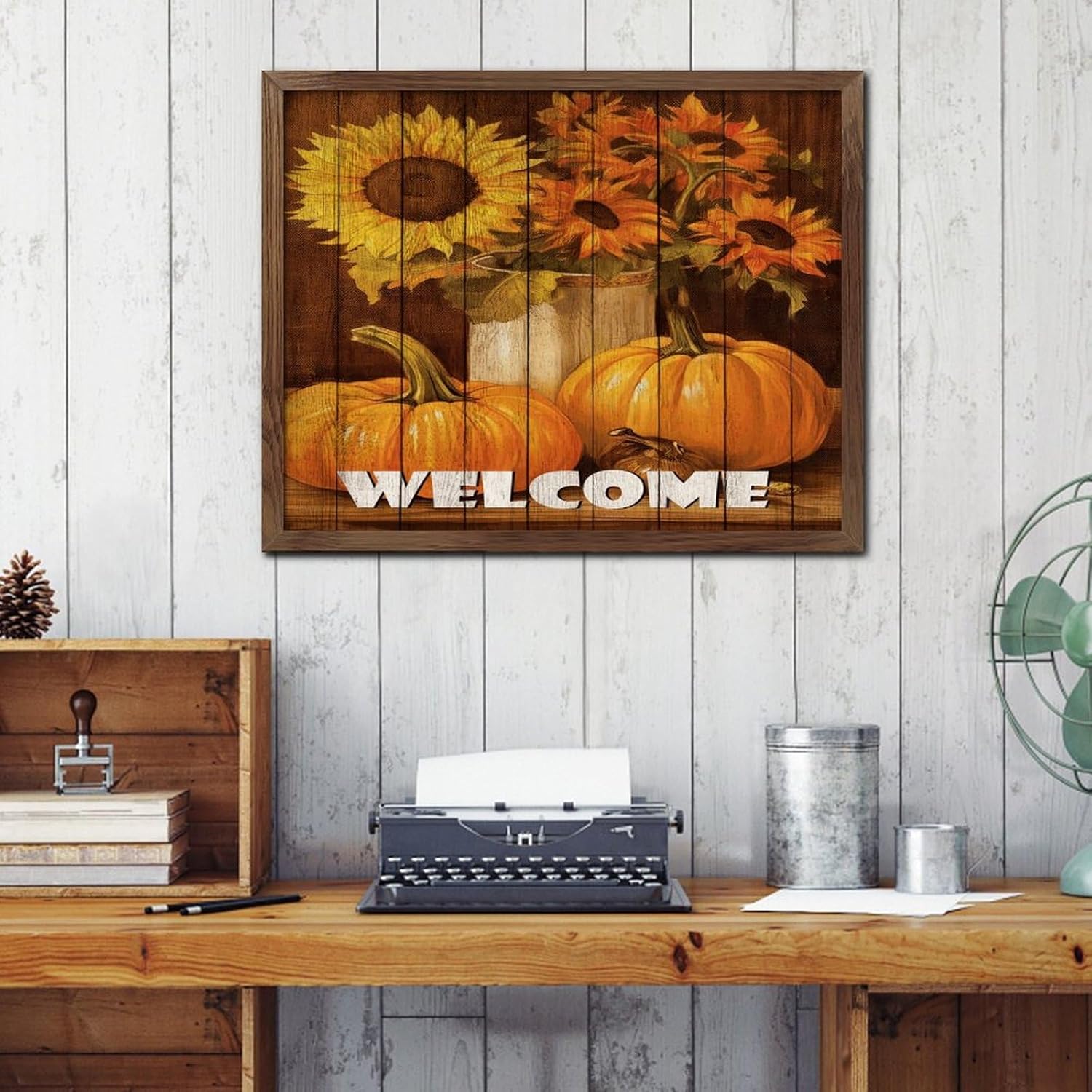 Funny Wall Decoration Framed Wooden Sign Welcome Country Wall Art Wood Plaque Sign 16x20in Autumn Yellow Flowers Pumpkin Wooden Hanging Signs Home Decor for Nursery Outdoor