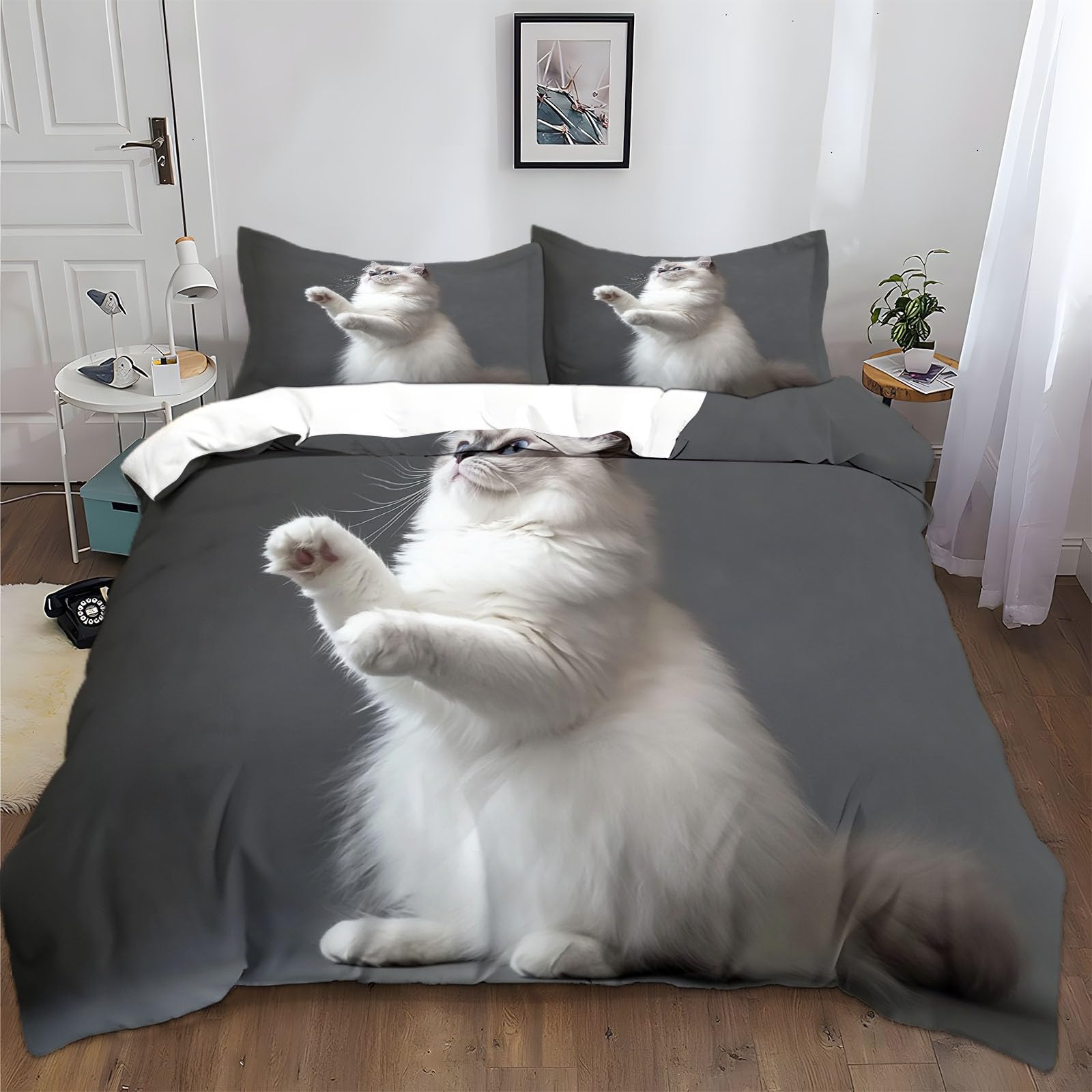 Housse de couette chat Ragdoll gris 220x240 cm en microfibre avec 2 taies d'oreiller