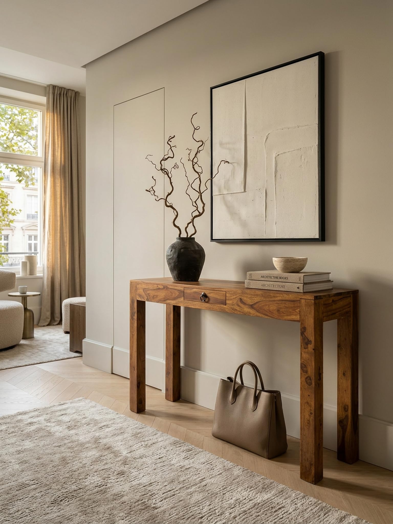Table Console en Bois Massif 110 cm avec Bureau de Coiffeuse tiroir