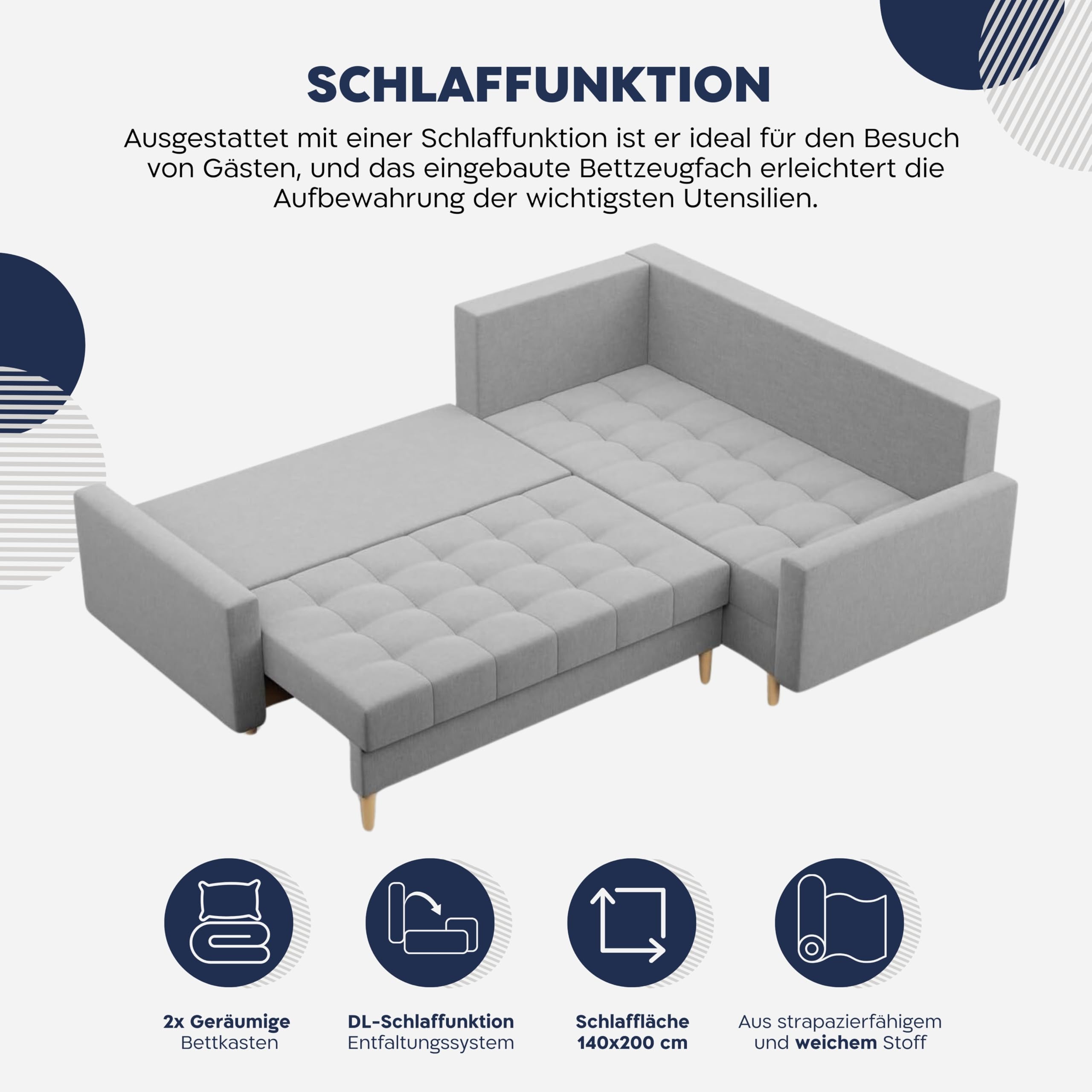 Mebligo - Ecksofa mit Schlaffunktion und Bettkasten Elma, Eckcouch mit Ottomane Links, Sofa L Form (BxTxH) 223 x 172 x 88 cm, Couch Wohnzimmer, Ecke Sofa, Grau (Lux 32)