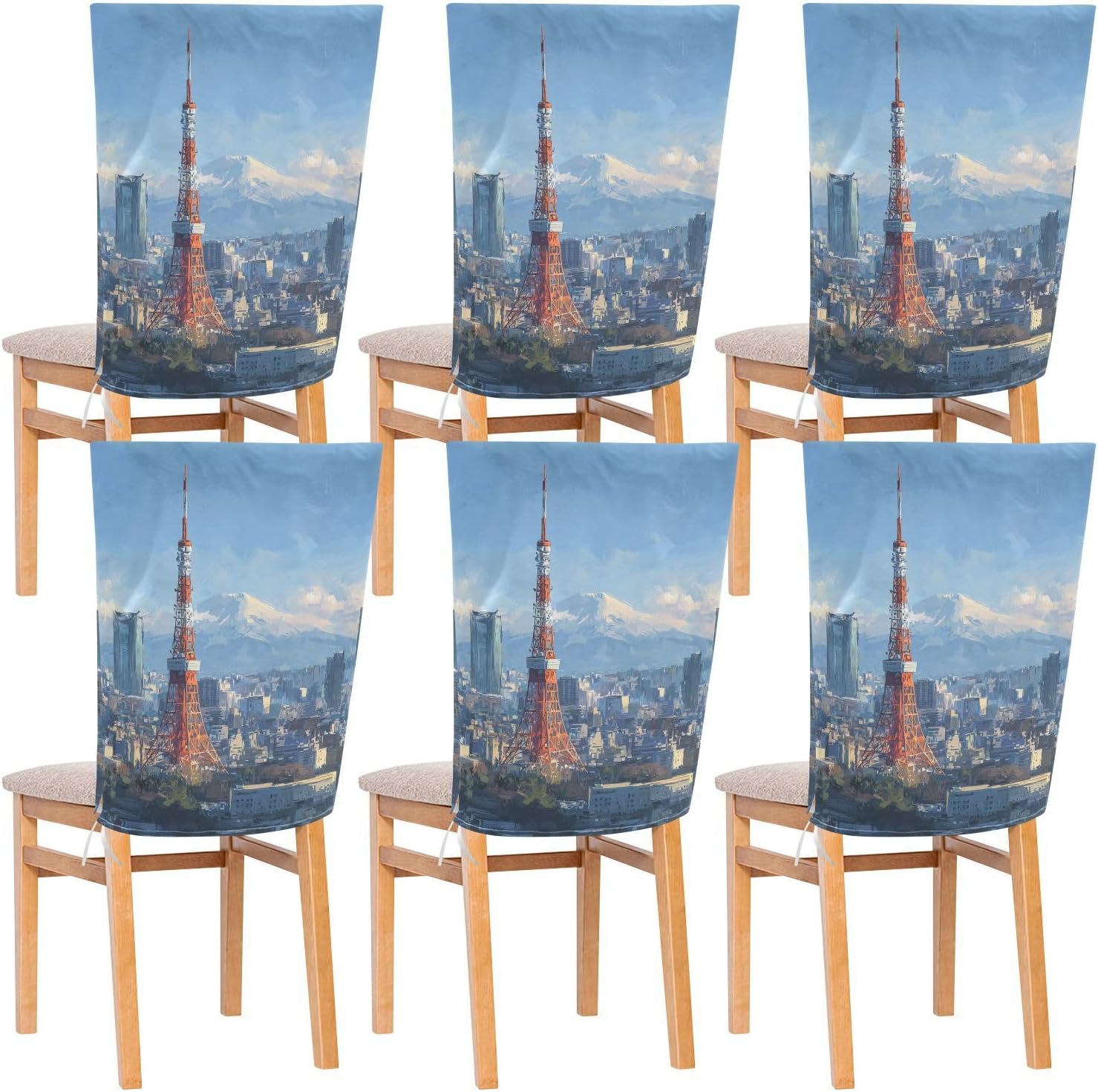 ALAZA Japanese Mountain View Chair Back Cover Set of 6, Washable Reusable Removable Chair Slipcovers Decorative Chair Cover for Home Kitchen Wedding Party