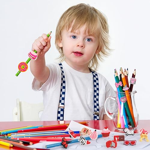 Miniatura 6 de WSICSE 50 adornos de PVC para lápices, decoración para niños, con caja de regalo, clip de lápiz, accesorios de decoración para el día de San