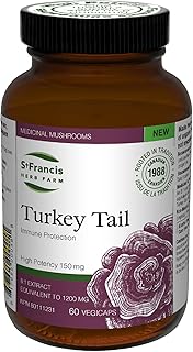 St. Francis Herb Farm Turkey Tail Mushroom Capsules | 100% Pure | High Potency | Immune Booster | Prebiotic to Support Healthy Digestion | Fruiting Body | High in Beta Glucans | 60 Vegicaps