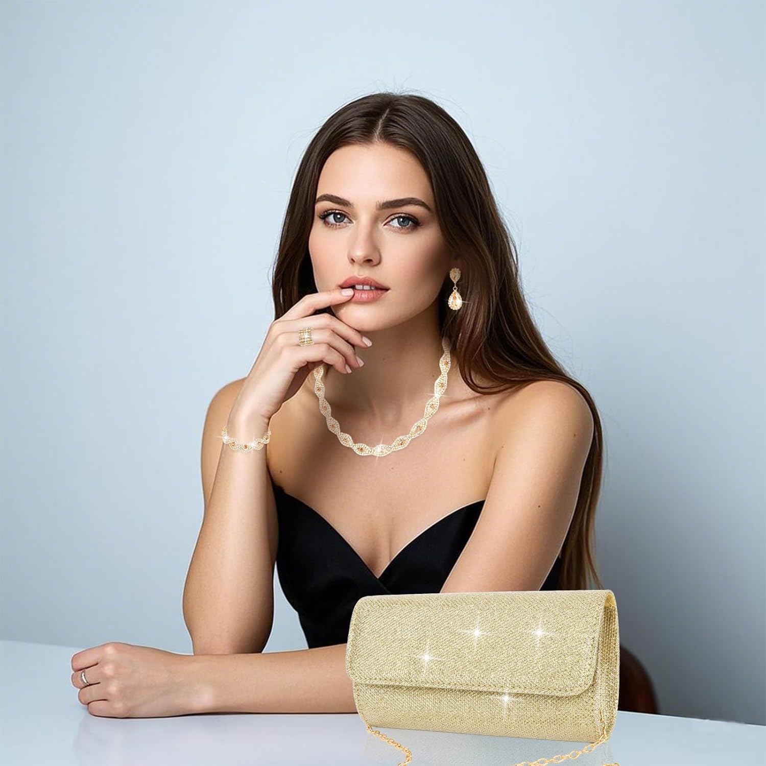 Wecoe 5pcs/set Jewelry Purse Set For Women Handbags Clutch Rhinestone Diamond Necklaces Bracelets Earrings Ring Set Wedding Bridal Prom Homecoming Costume Jewelry Formal Evening Bag Accessories - Image 2