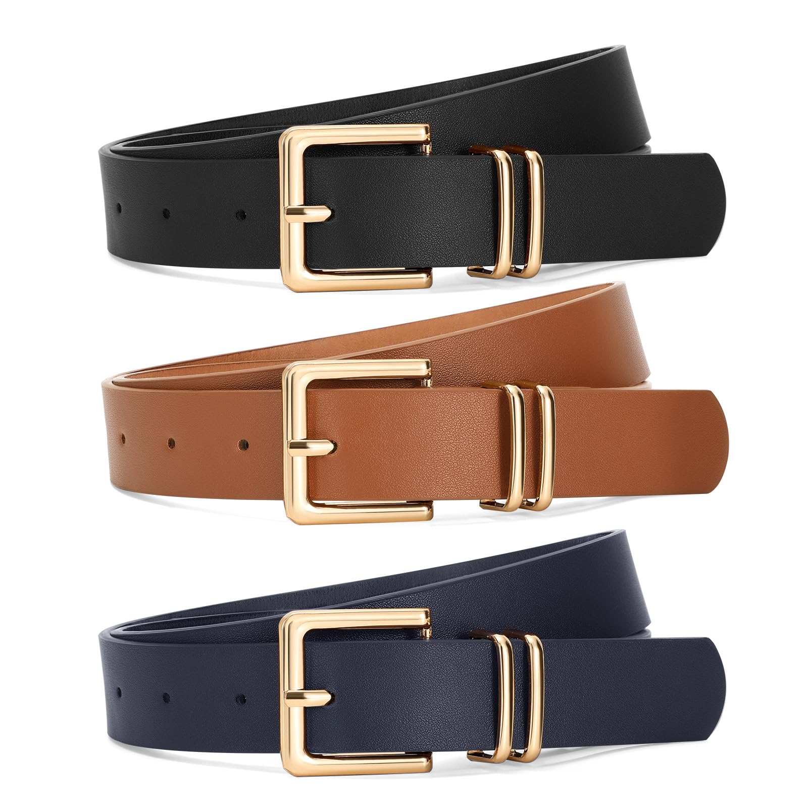 SANSTHS 3 PACK Women Leather Belts for Jeans Pants Dresses Fashion Ladies Waist Belt with Gold Square Buckle