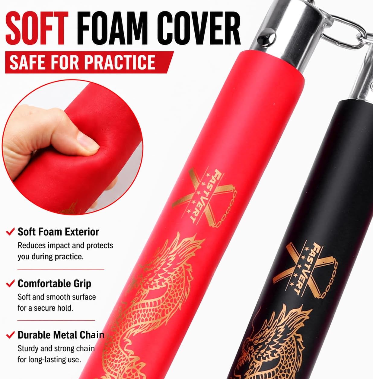 Safe Foam Nunchuck (2 Pairs), Durable Training Nunchaku | Includes 1 black and 1 red pair. Lightweight soft foam construction for safe training, ideal for beginners and kids.