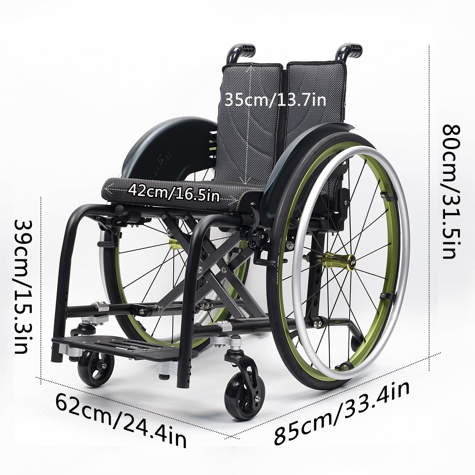 Silla de ruedas manual ligera, silla de ruedas deportiva ultraligera portátil todo terreno, silla de ruedas plegable, sillas de ruedas de transporte con antivuelco(Green A,42cm/16.5in)