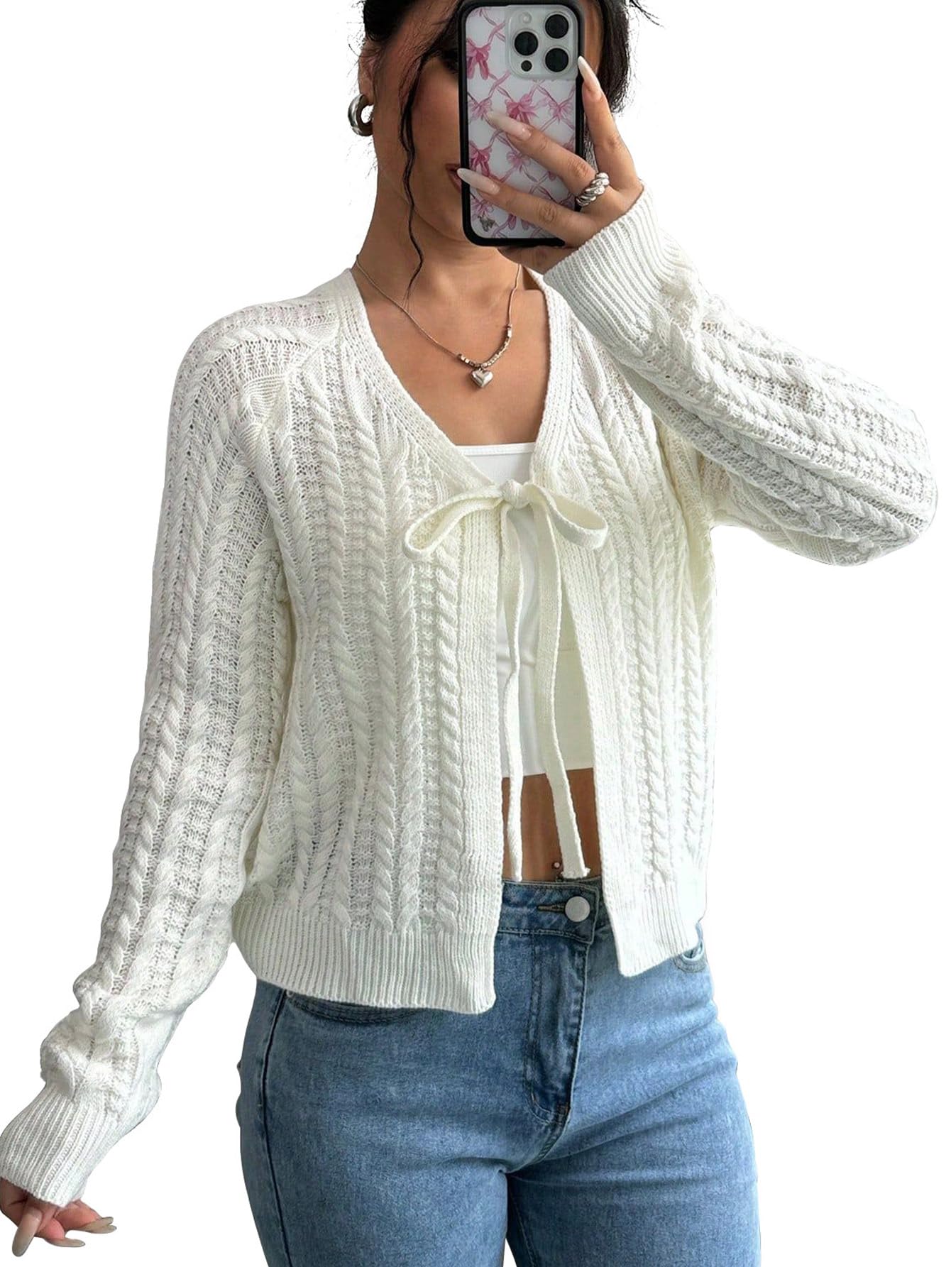 Narecte Cardigan Sweaters for Women V Neck Cropped Bow Tie Front Cardigan Long Sleeve Tops Knit Fall Winter
